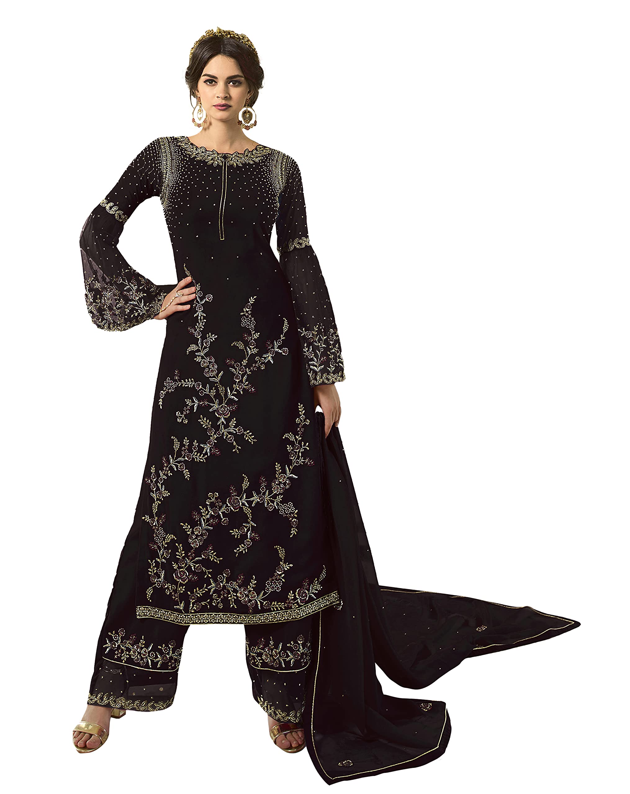DRAVINAM Trends Women's Faux Georgette Semi Stitched Top With Unstitched Santoon Bottom and Net Dupatta Embroidered Straight Kurta Dress Material (Kurta Set)