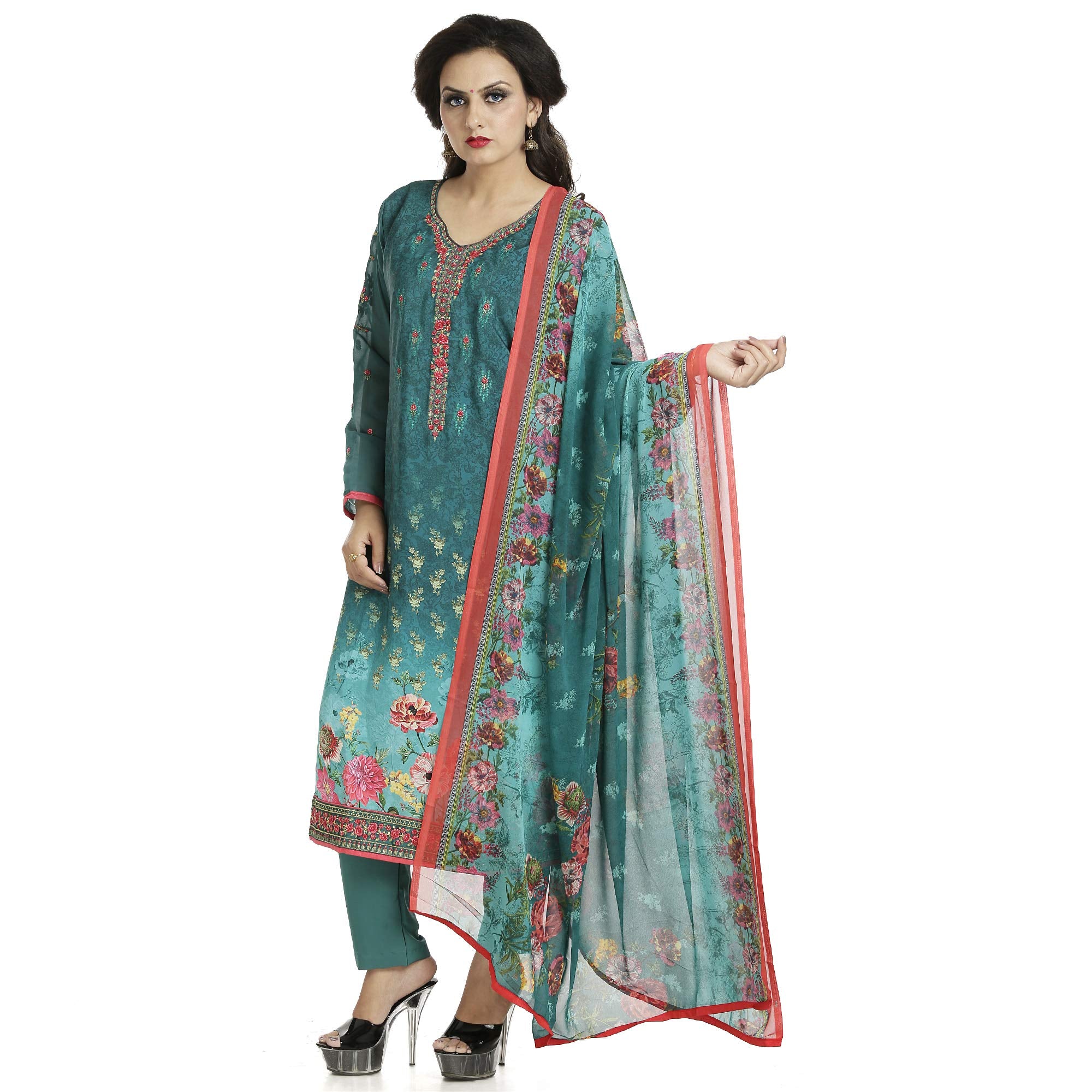 DRAVINAM Trends Women's Embroidered Pure Crepe Floral Printed Salwar Suit Dress Material with Printed Georgette Dupatta (Unstitched)