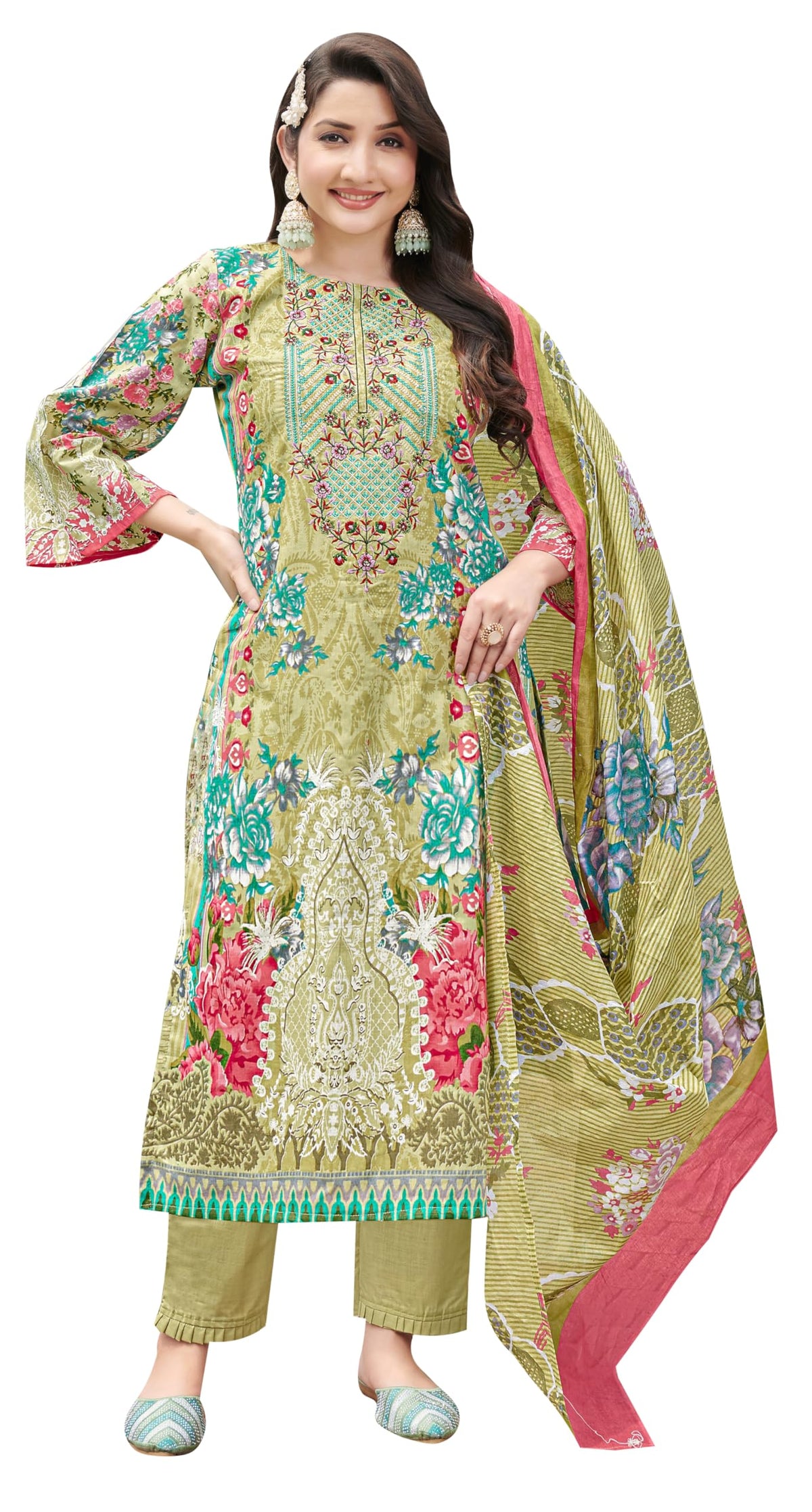 DRAVINAM Trends Unstitched Suit Material Karachi Lawn Cotton Pakistani Digital Printed Embroidered Kameez with Unstitched Bottoms and Cotton Dupatta