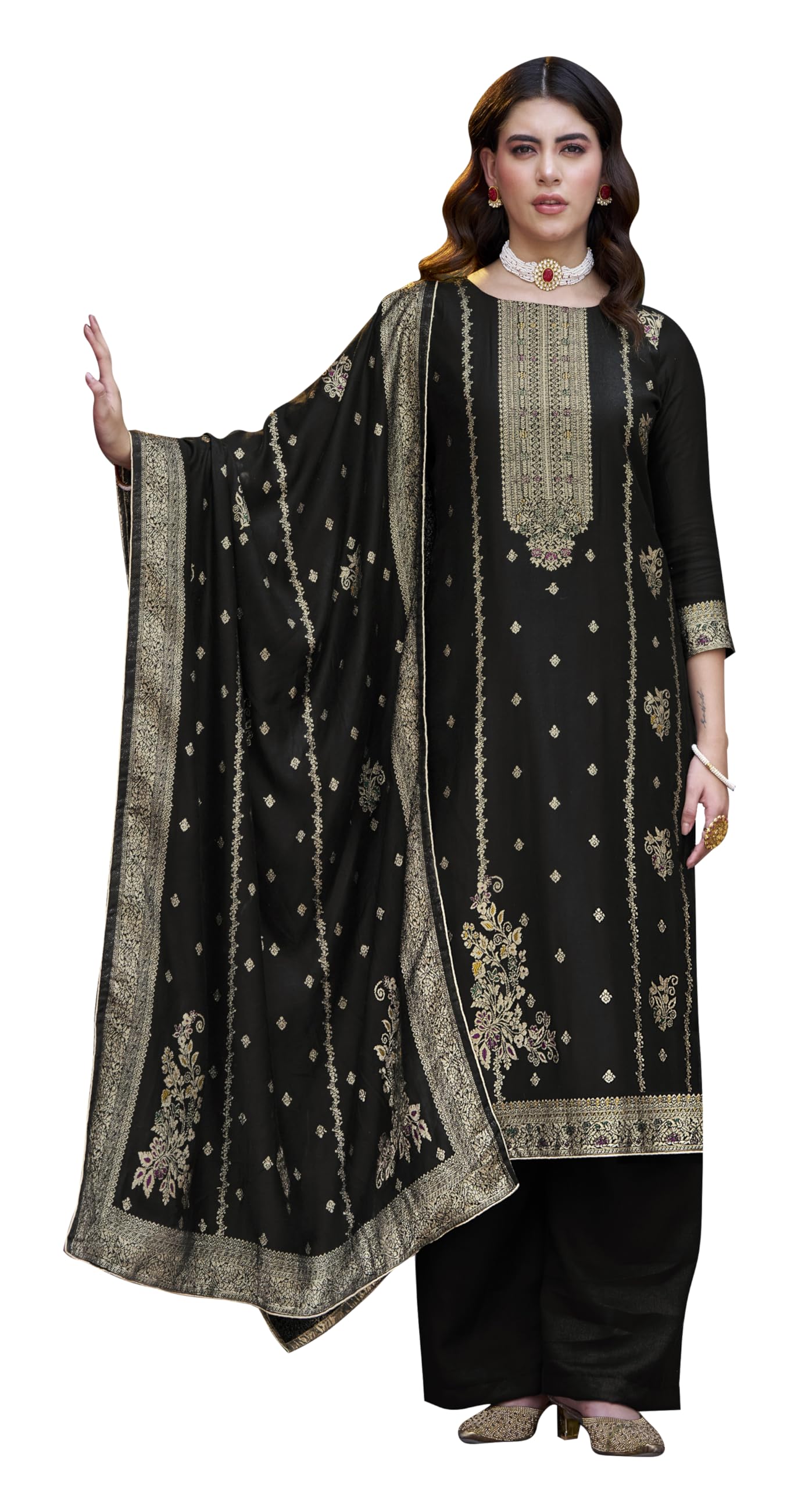 DRAVINAM Trends Women's Pure Viscose Pashmina Jacquard Unstitch Salwar Suit Dress Material with Jacquard Twill Pashmina Warm Shawl Dupatta