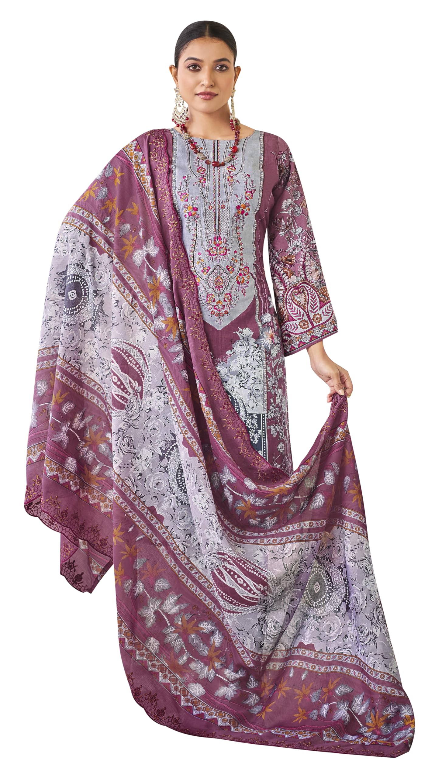DRAVINAM Trends Women's Unstitched Pakistani Digital Print Embroidered Pure Cotton Salwar Suit Dress Materials with Cotton Embroidered Cutwork Dupatta