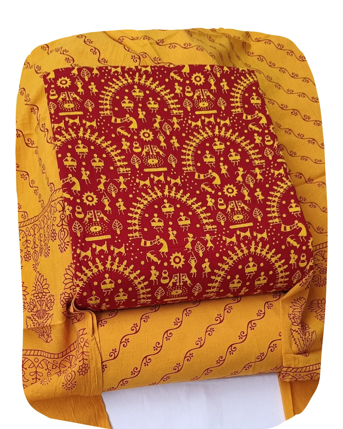 DRAVINAM Trends Women's Premium Cotton Unstitched Salwar Suit Dress Material Set | Traditional Rajasthani Gujari Block Print (Red & Mustard Yellow)