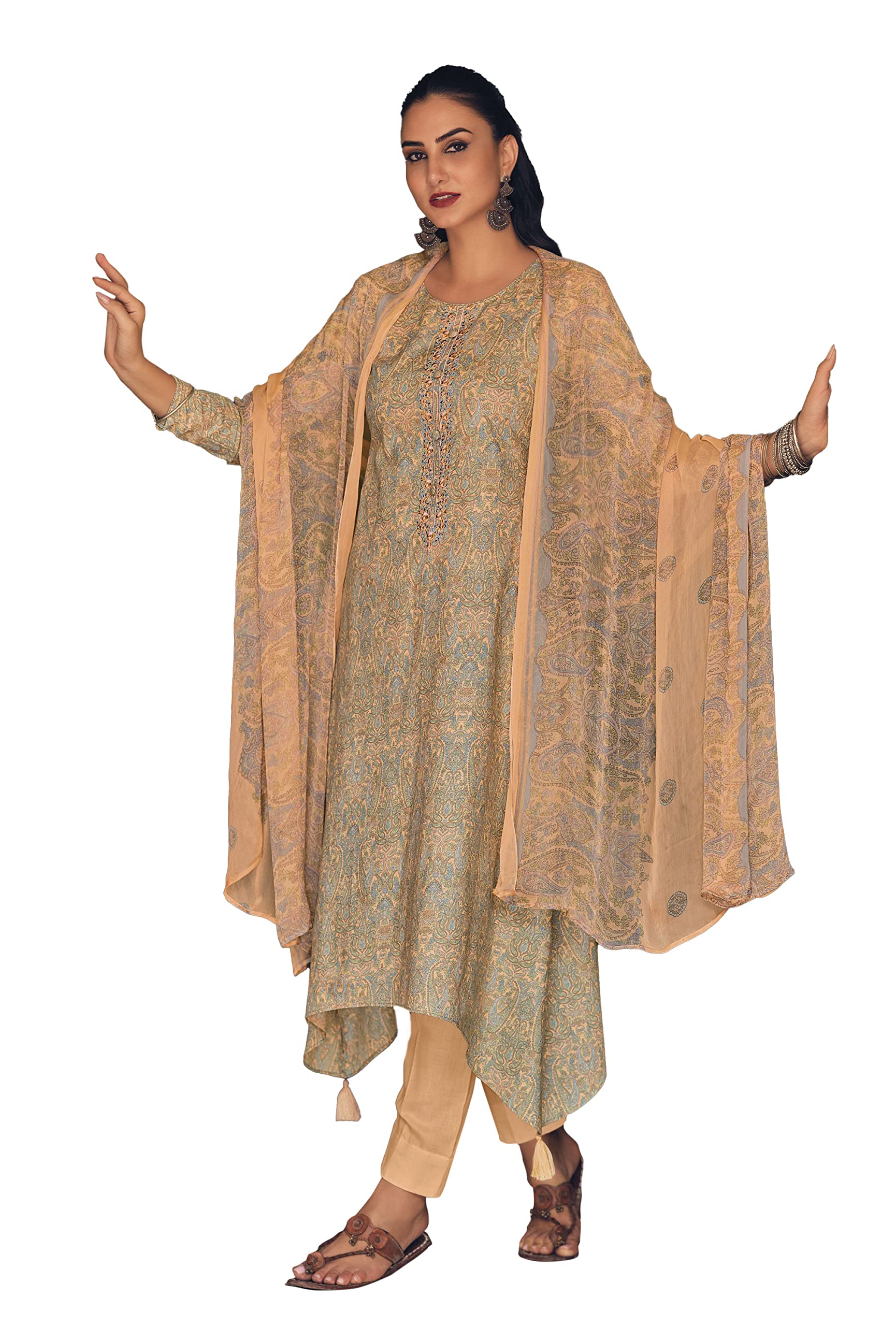 DRAVINAM Trends Women's Digital Printed Cambric Cotton Embroidered Unstitched Salwar Suit Dress Material with Japan Chiffon/Half Pure Digital Printed Chunni/Dupatta (Sea Green)