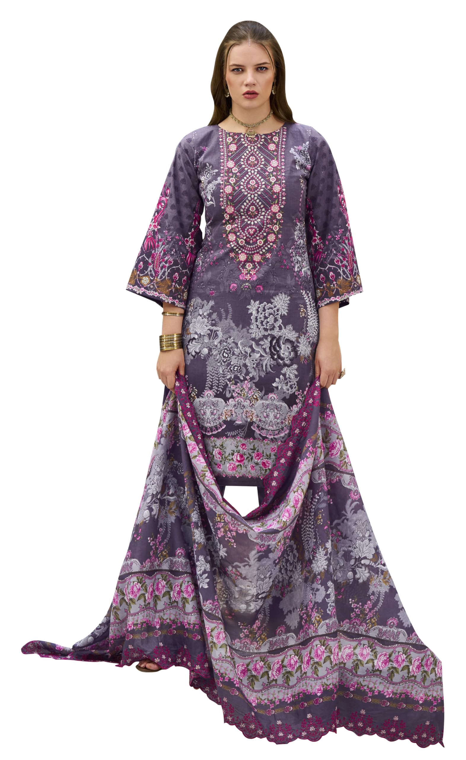 DRAVINAM Trends Women's Unstitched Pakistani Digital Print Embroidered Pure Cotton Salwar Suit Dress Materials with Cotton Embroidered Cutwork Dupatta
