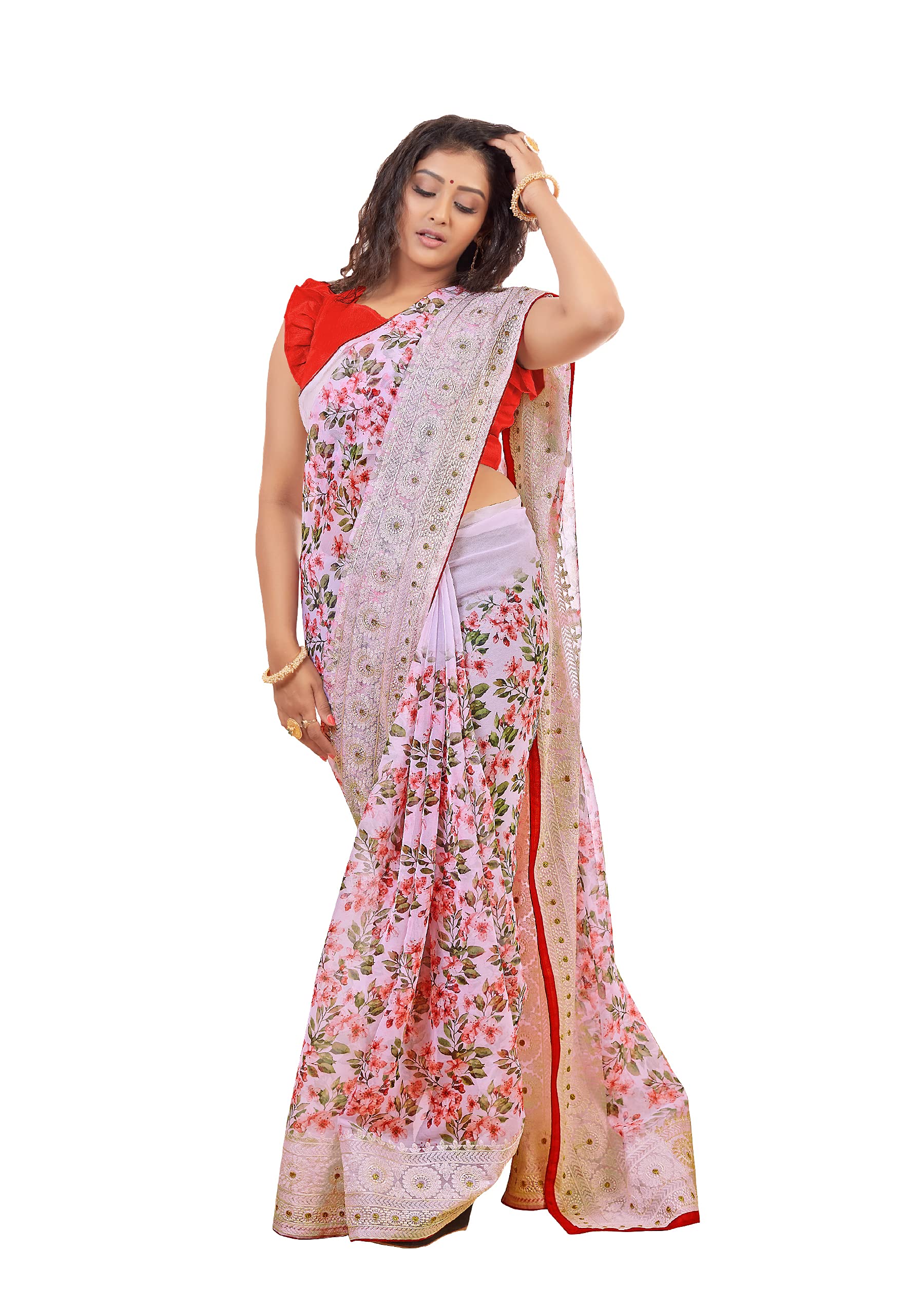 DRAVINAM Trends Women's Jacquard Organza Saree With Blouse Piece (NaaOr_4_White And Red)