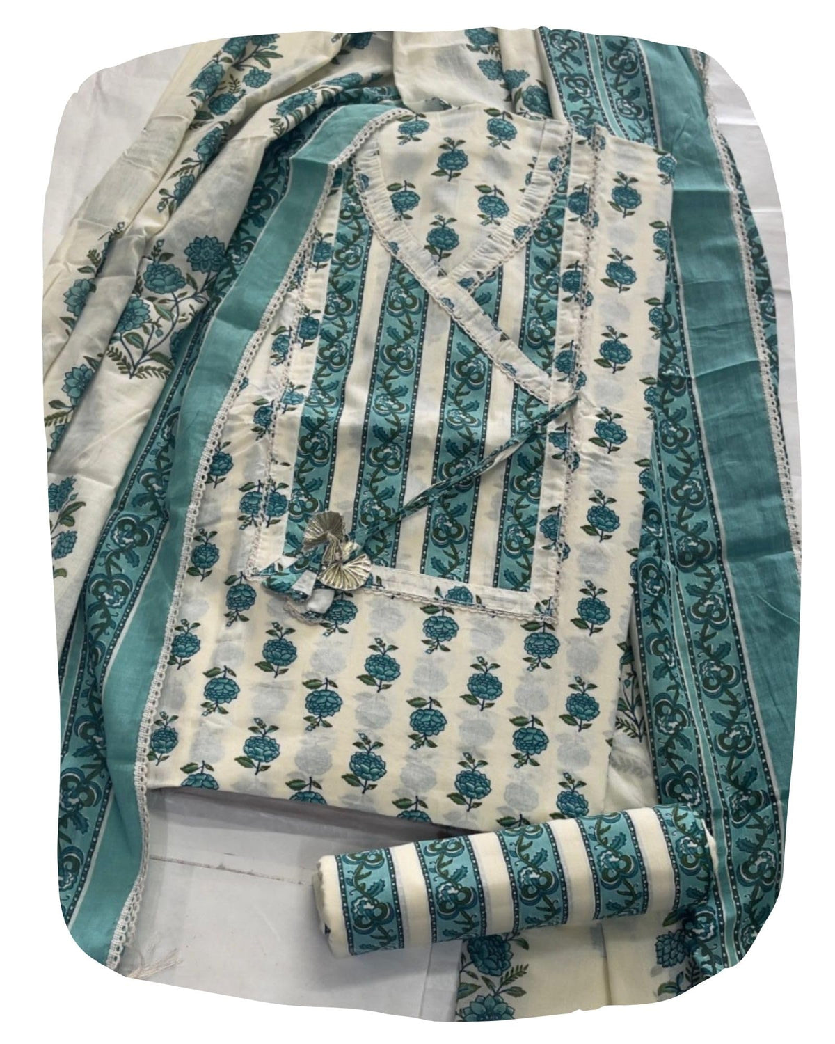 DRAVINAM Trends Women's Premium Cotton Unstitched Salwar Suit Dress Material Set | Traditional Jaipuri Block Print Angrakha Style Suit Material (Off White and Green)