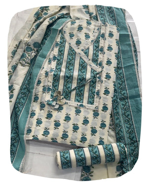 DRAVINAM Trends Women's Premium Cotton Unstitched Salwar Suit Dress Material Set | Traditional Jaipuri Block Print Angrakha Style Suit Material (Off White and Green)