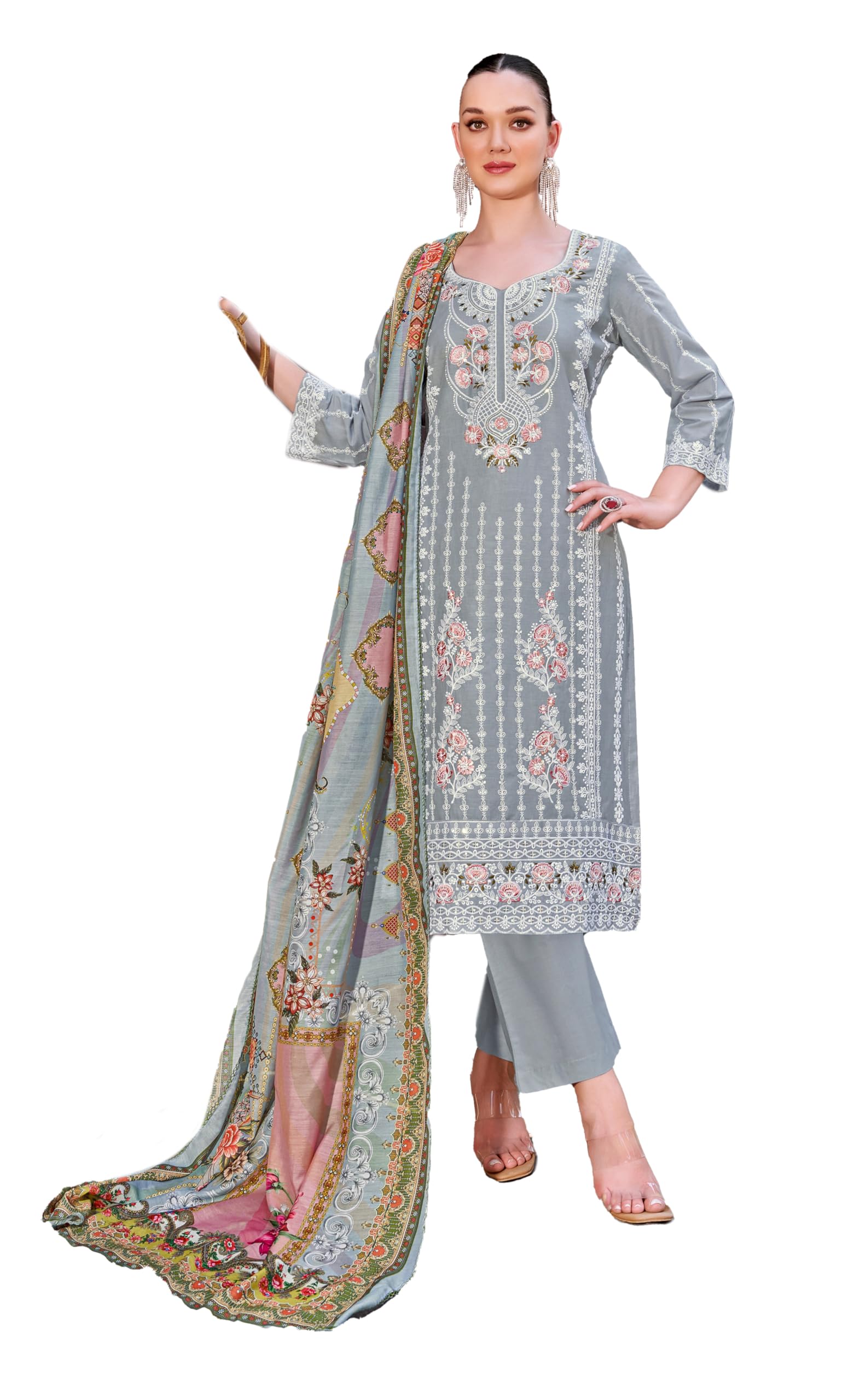 DRAVINAM Trends Women's Exquisite Unstitched Viscose Cambric Lawn Cotton Suit Dress Material with Embroidered Daman & Sleeves | Stylish Pure Cotton Digital Print Dupatta & Solid Bottoms