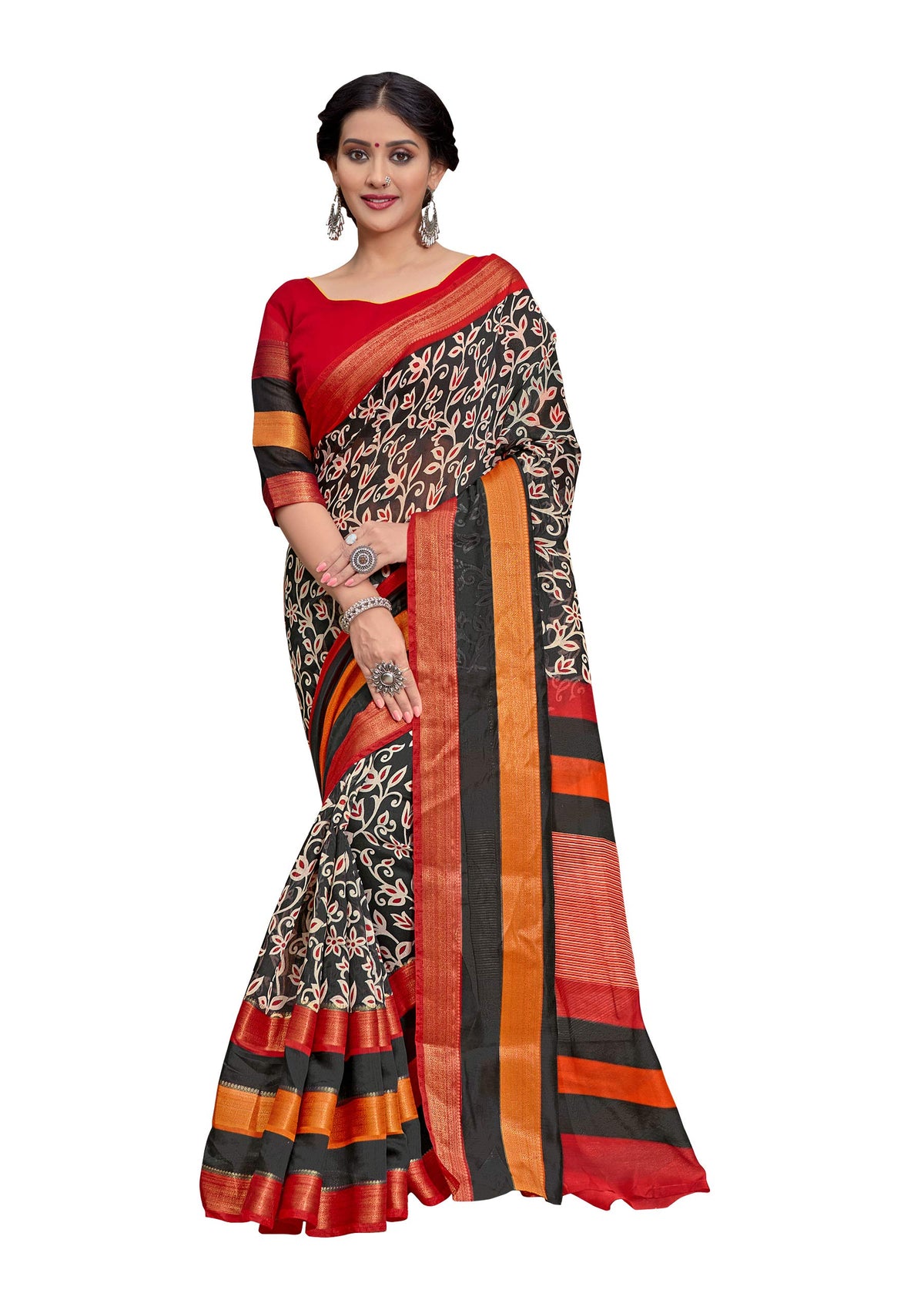 DRAVINAM Trends Women's Cotton Linen Jacquard Woven Broad Border Pattu Saree with Blouse Piece (Pattu SareeSRMN_37N_Black Red)