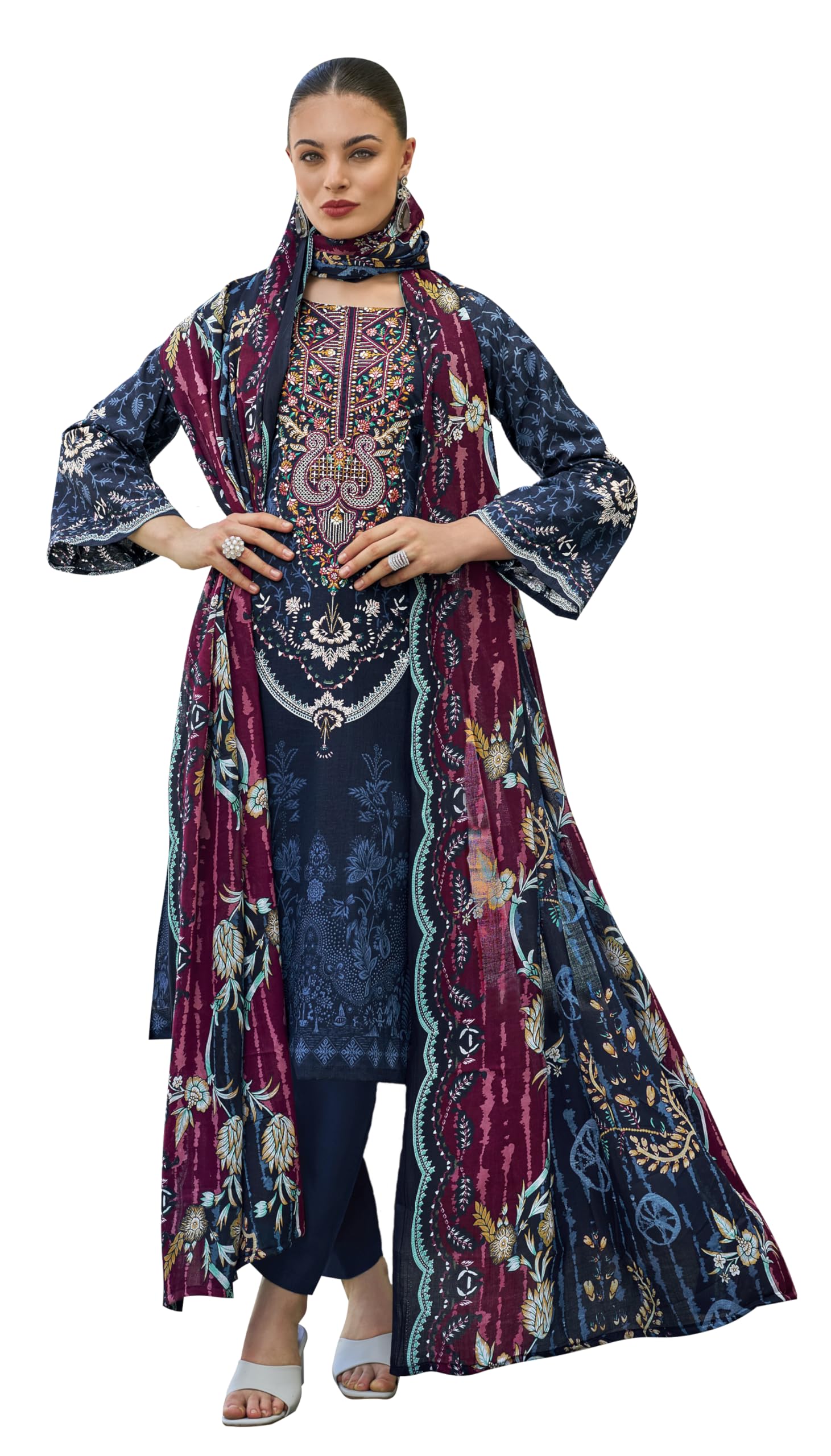 DRAVINAM Trends Kurti 2.50 mtrs, Pure Cotton (3 mtrs apx), Pure MAL MAL Cotton Dupatta Digital Print|Light Grey