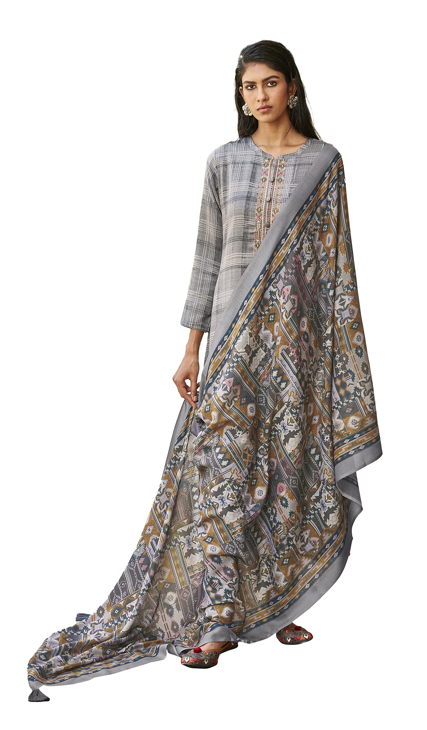 DRAVINAM Trends Women's Unstitched self Digital Print Hand embroidered Pure Woollen Pashmina Salwar Suit Dress Material with digital printed Pure woolen shawl dupatta (Grey)