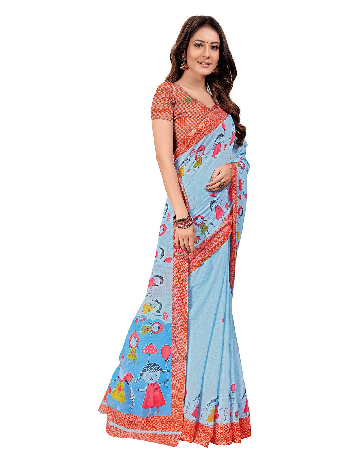 DRAVINAM Trends Women's Soft Printed Pure Linen Saree With Blouse Piece (Sky Blue)