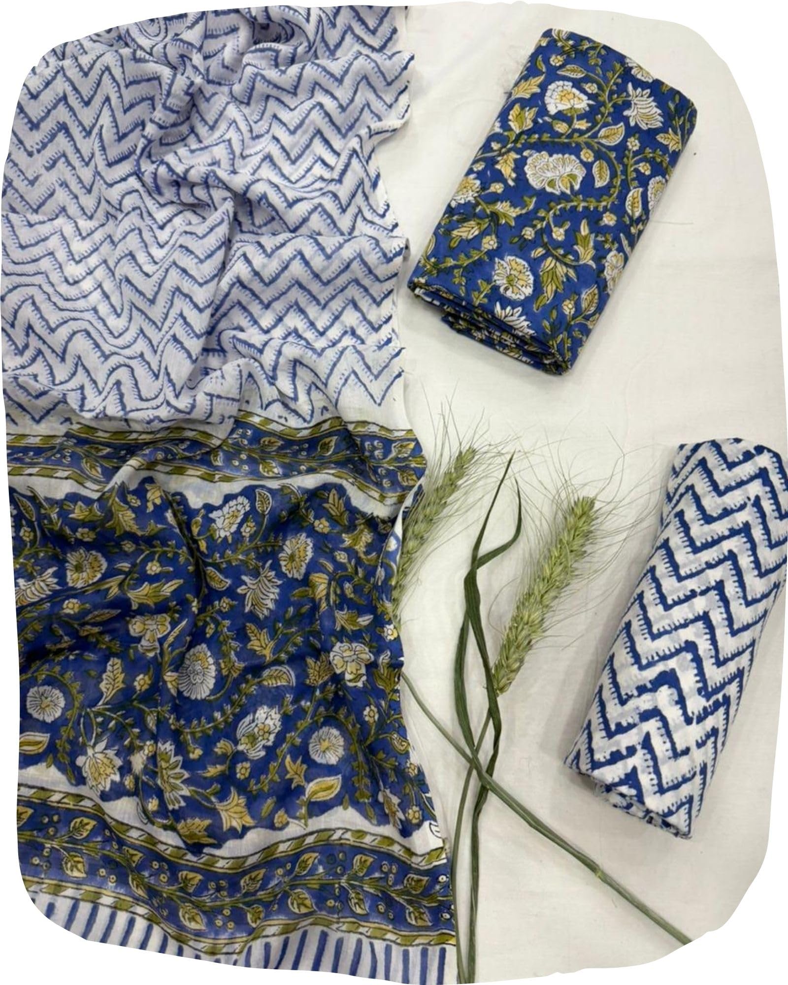 Hand Block Print Sanganeri Cambric Unstitched Cotton Suit Dress Material for Women with Mulmul Cotton Hand Printed Dupatta