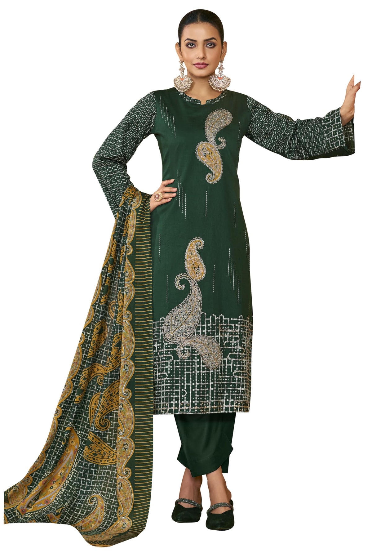 DRAVINAM Trends Women's Unstitched Salwar Suit Dress Material Pure Jam Silk Discharge Print Embroidered Hand Work Kameez Plain Unstitched Bottoms and Pure Lawn Digital Foil Print Dupatta