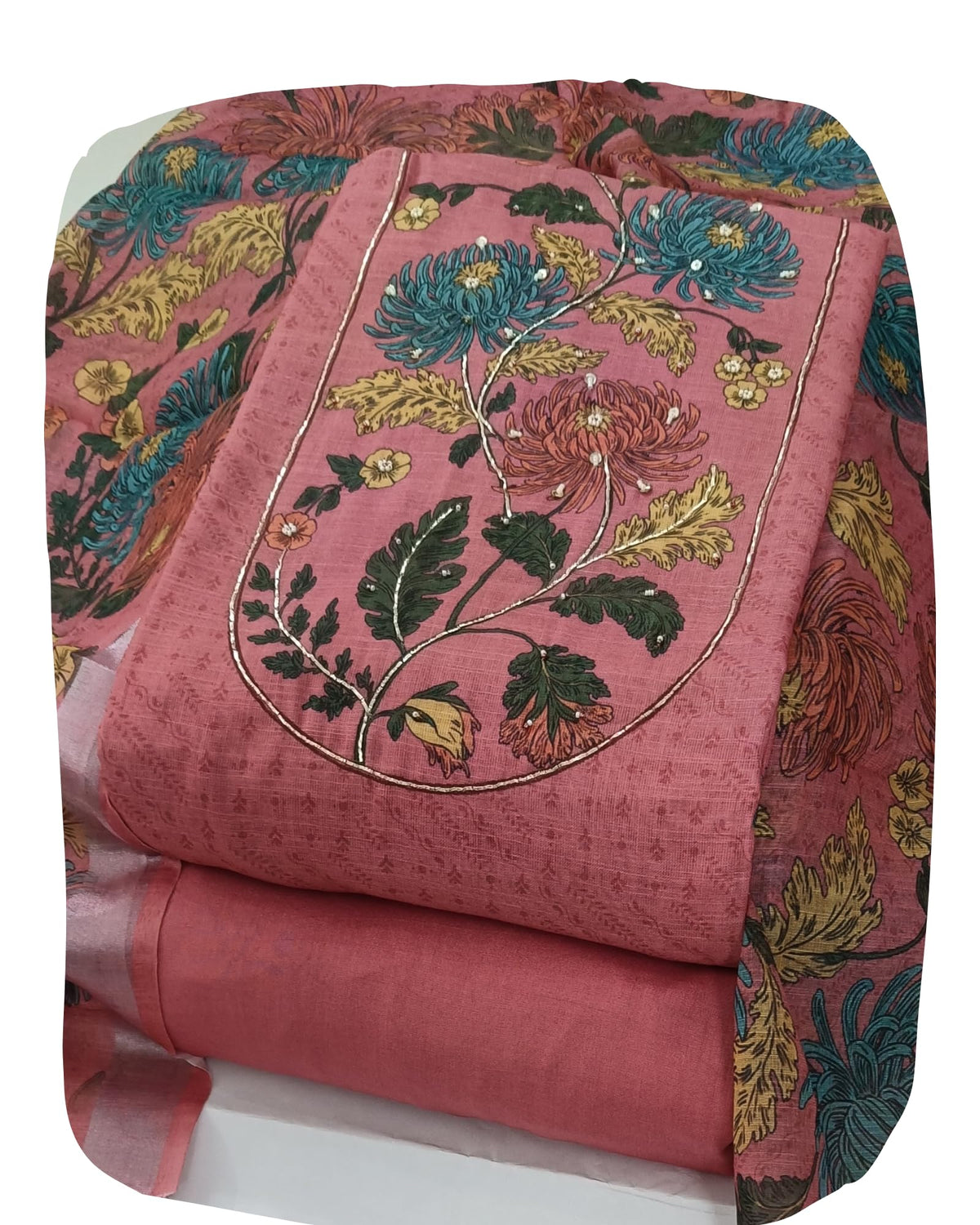 DRAVINAM Trends Women's Premium Pure Linen Floral Printed Unstitched Salwar Suit Dress Material with Dupatta