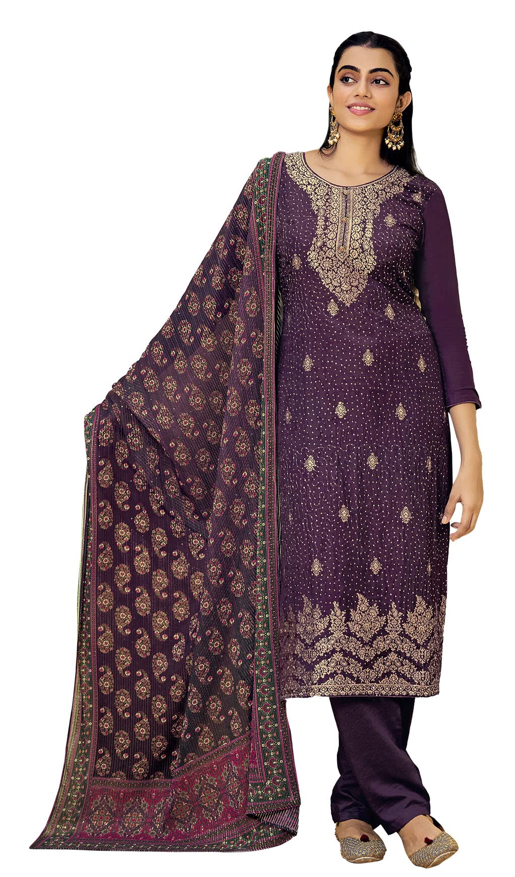 DRAVINAM Trends Women's Pure Jacquard heavy sequence work Pakistani salwar suit material with pure georgette digital printed and embroidered heavy dupatta (Wine)