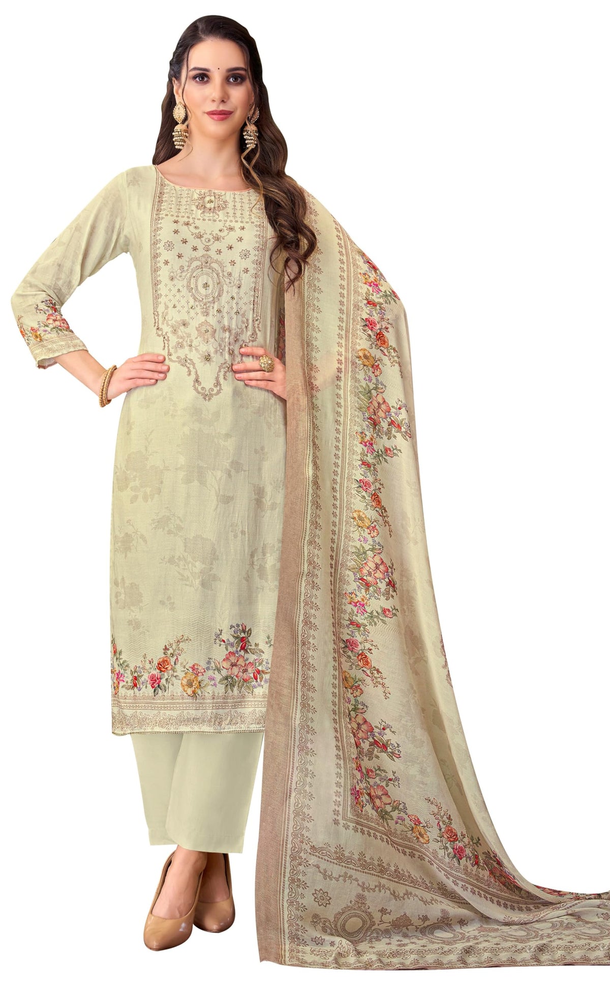 DRAVINAM Trends Women's Unstitched Viscose Maslin Hand Embroidered Suit Material - Viscose Maslin Digital Printed Hand Embroidered Kameez II Rayon Bottoms II Maslin Printed Dupatta