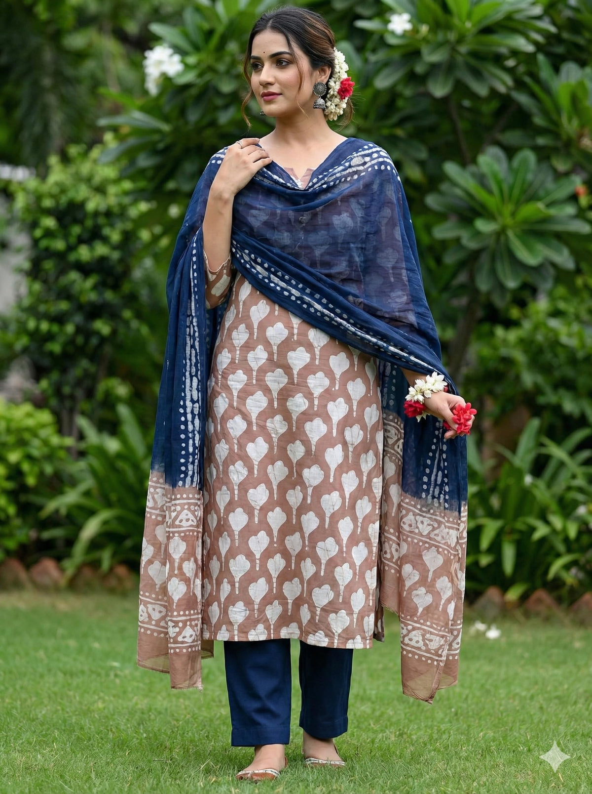 DRAVINAM Trends Hand Block Print Cambric Cotton Unstitched Salwar Suit Set for Women with Pure Chiffon Hand Printed Dupatta