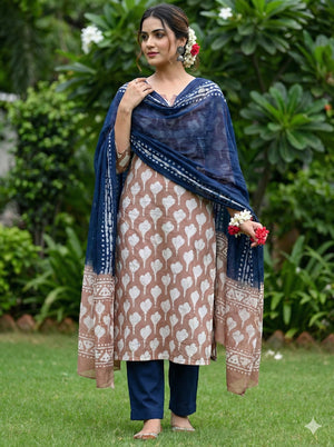 DRAVINAM Trends Hand Block Print Cambric Cotton Unstitched Salwar Suit Set for Women with Pure Chiffon Hand Printed Dupatta