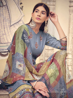 DRAVINAM Trends Unstitched Printed Mirror Work Cotton Salwar Suits Dress Material with Chiffon Dupatta (Green)