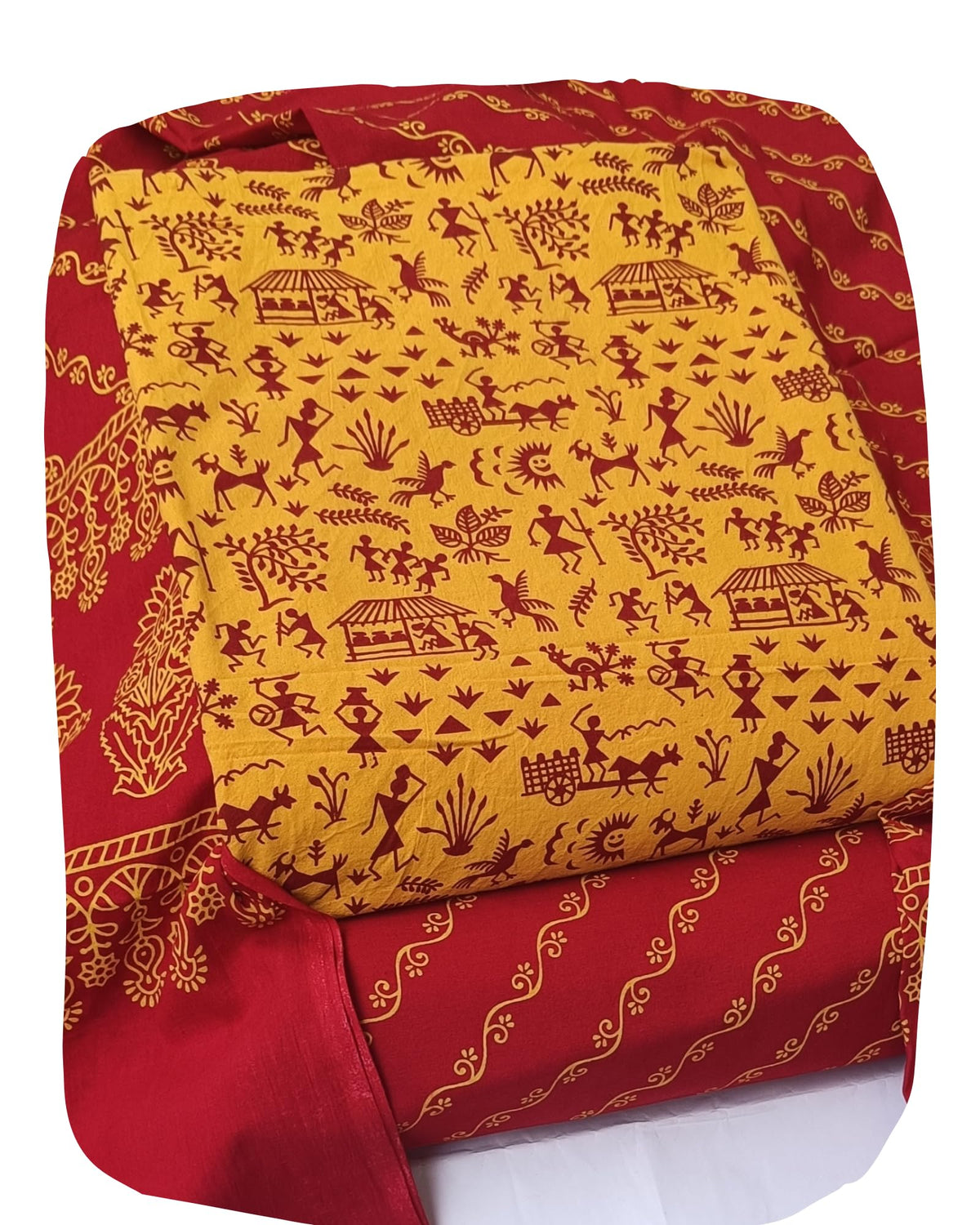 DRAVINAM Trends Women's Premium Cotton Unstitched Salwar Suit Dress Material Set | Traditional Rajasthani Gujari Block Print (Red & Mustard Yellow)
