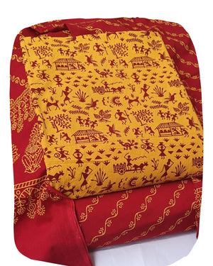 DRAVINAM Trends Women's Premium Cotton Unstitched Salwar Suit Dress Material Set | Traditional Rajasthani Gujari Block Print (Red & Mustard Yellow)