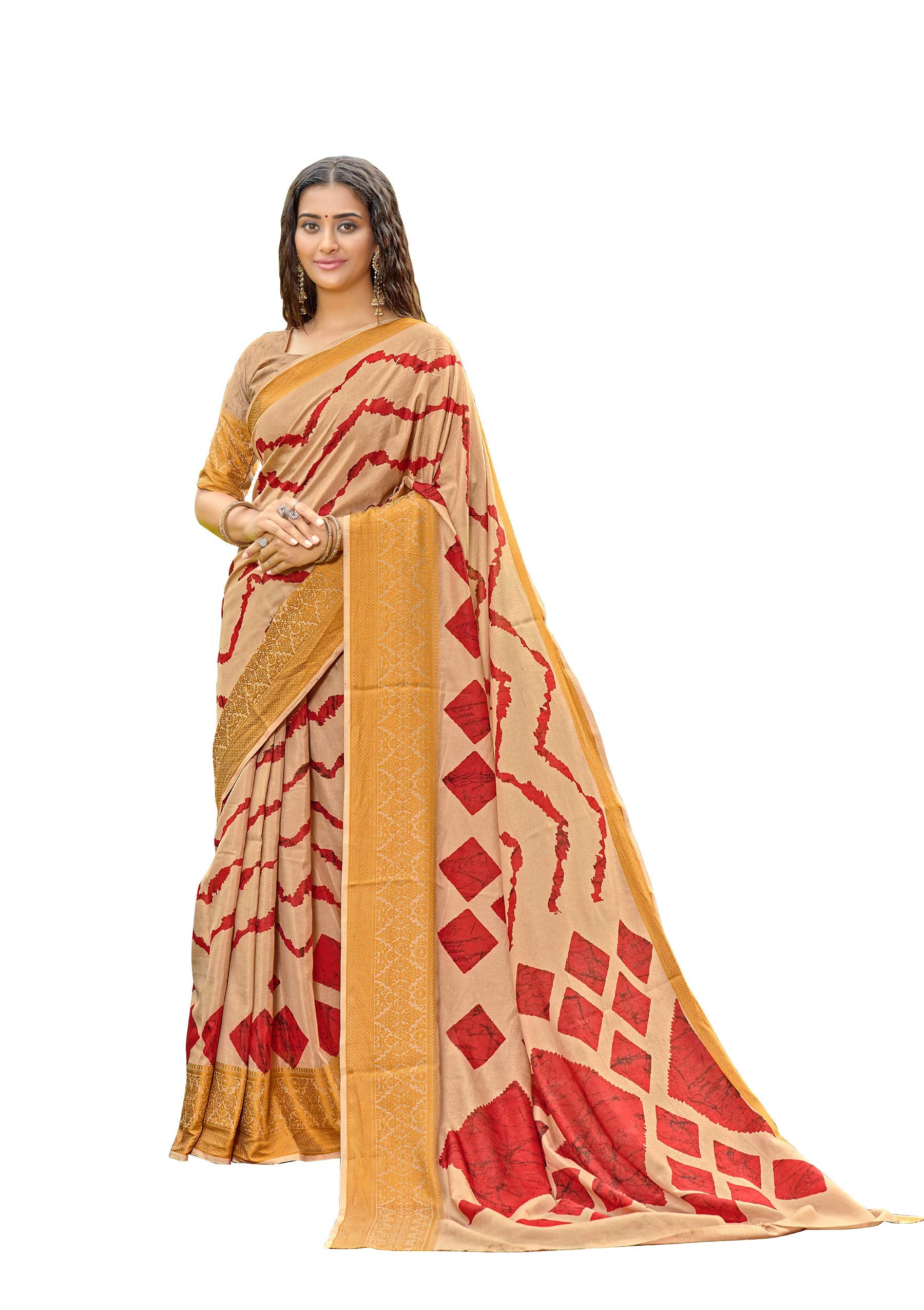 DRAVINAM Trends Women's Pure Dola Silk Printed Saree with Viscose zari Woven Border and Blouse Piece (Beige and Red)