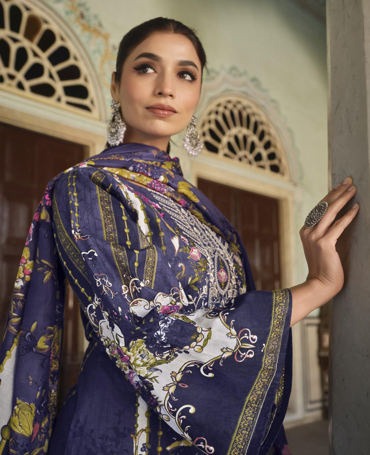 DRAVINAM Trends Women's Stitched Digital Style Print Embroidered Pure Cotton Kurta Pant Suit Set II Solid Pants II Printed Malmal Dupatta (XL / 42)