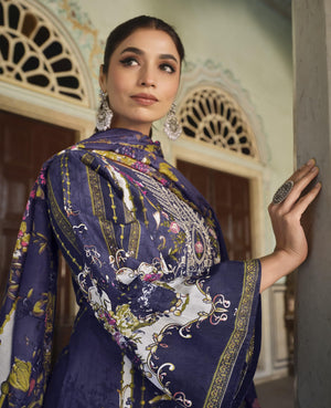 DRAVINAM Trends Women's Stitched Digital Style Print Embroidered Pure Cotton Kurta Pant Suit Set II Solid Pants II Printed Malmal Dupatta (XL / 42)