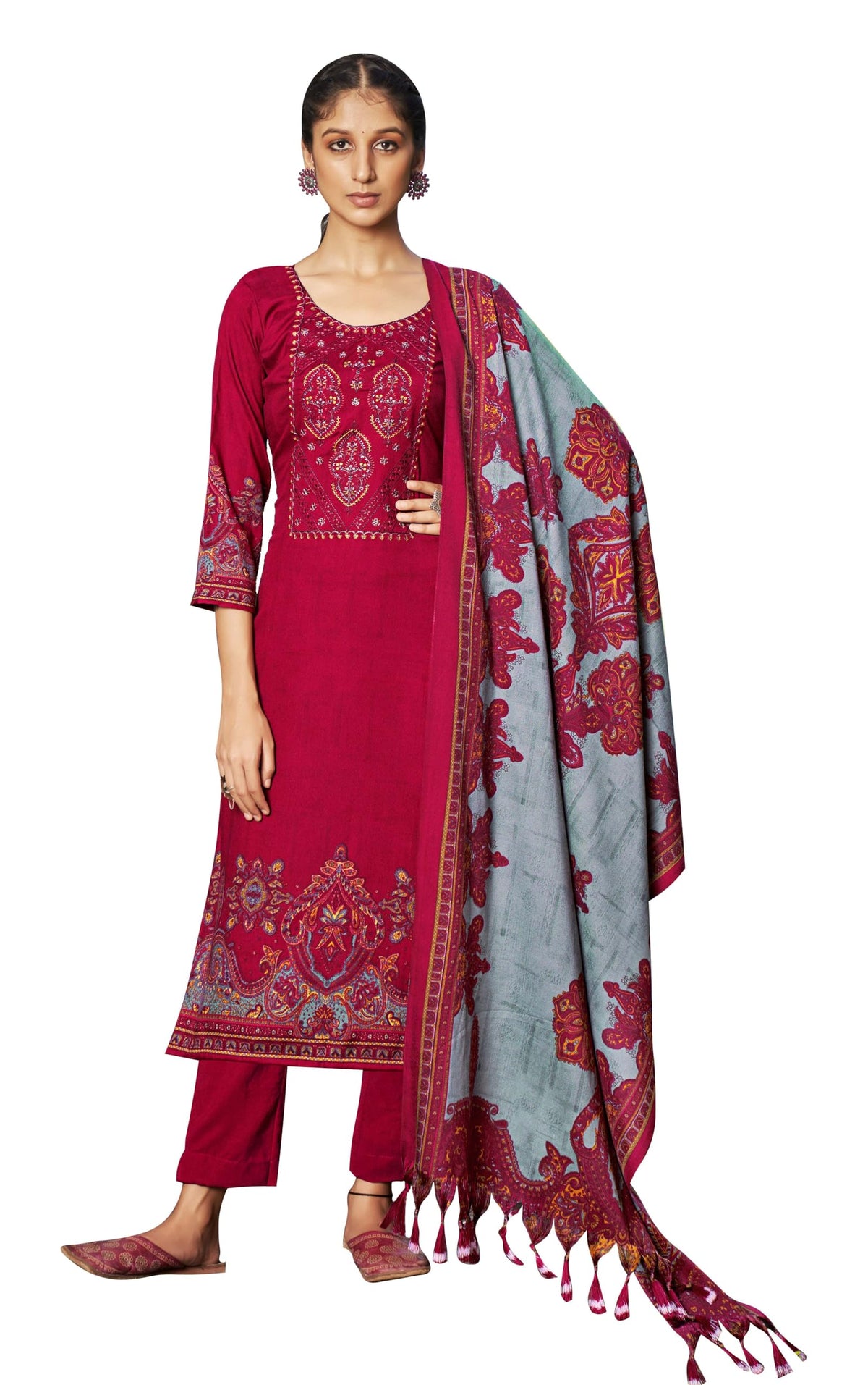DRAVINAM Trends Women's Premium Pashmina Spun Embroidered Unstitched Salwar Suit Winter Dress Material with Pashmina Spun Shawl