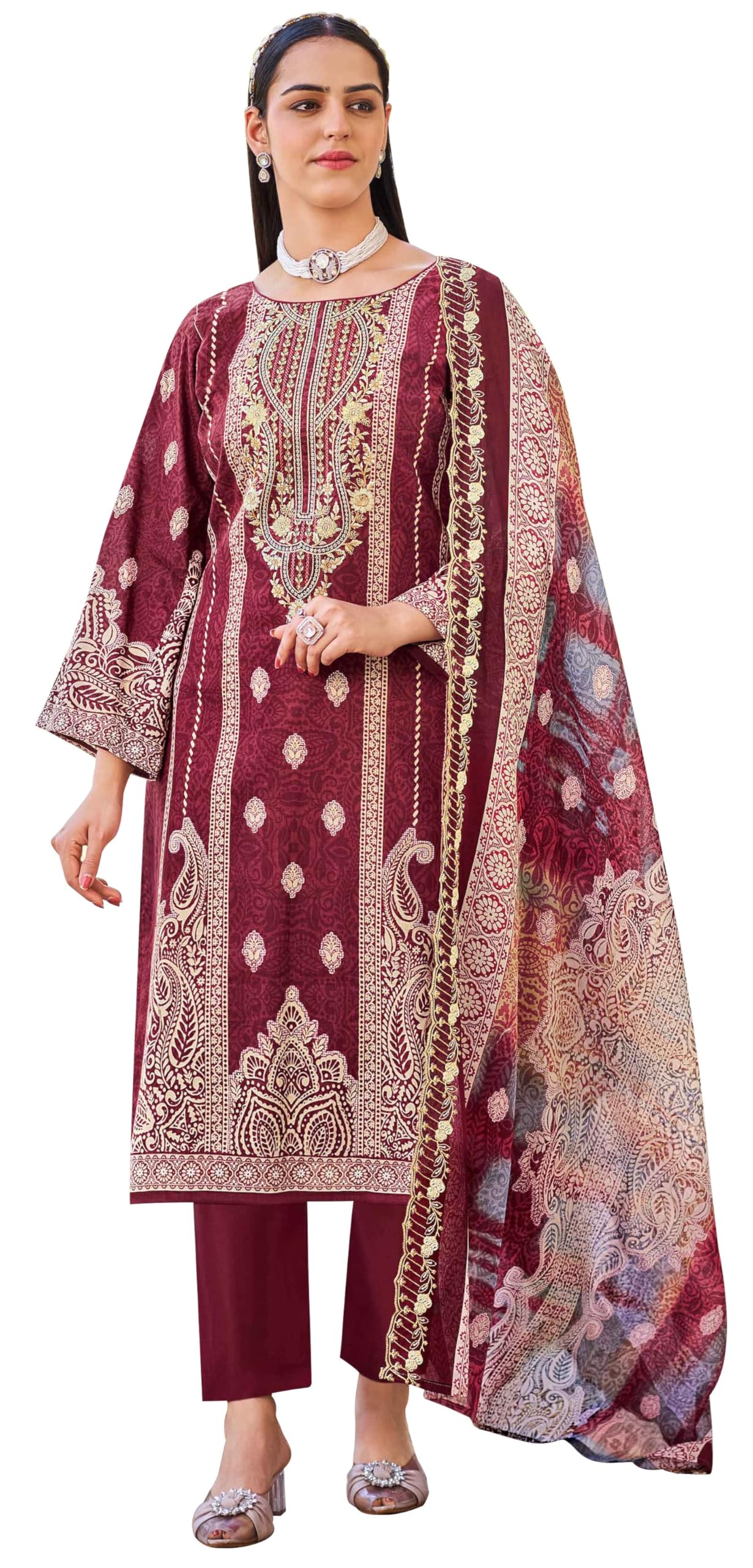 DRAVINAM Trends Women's Unstitched Salwar Suit Dress Material - Cotton Digital Printed Organza Embroidered Kameez II Unstitch Bottoms II Cotton Dupatta