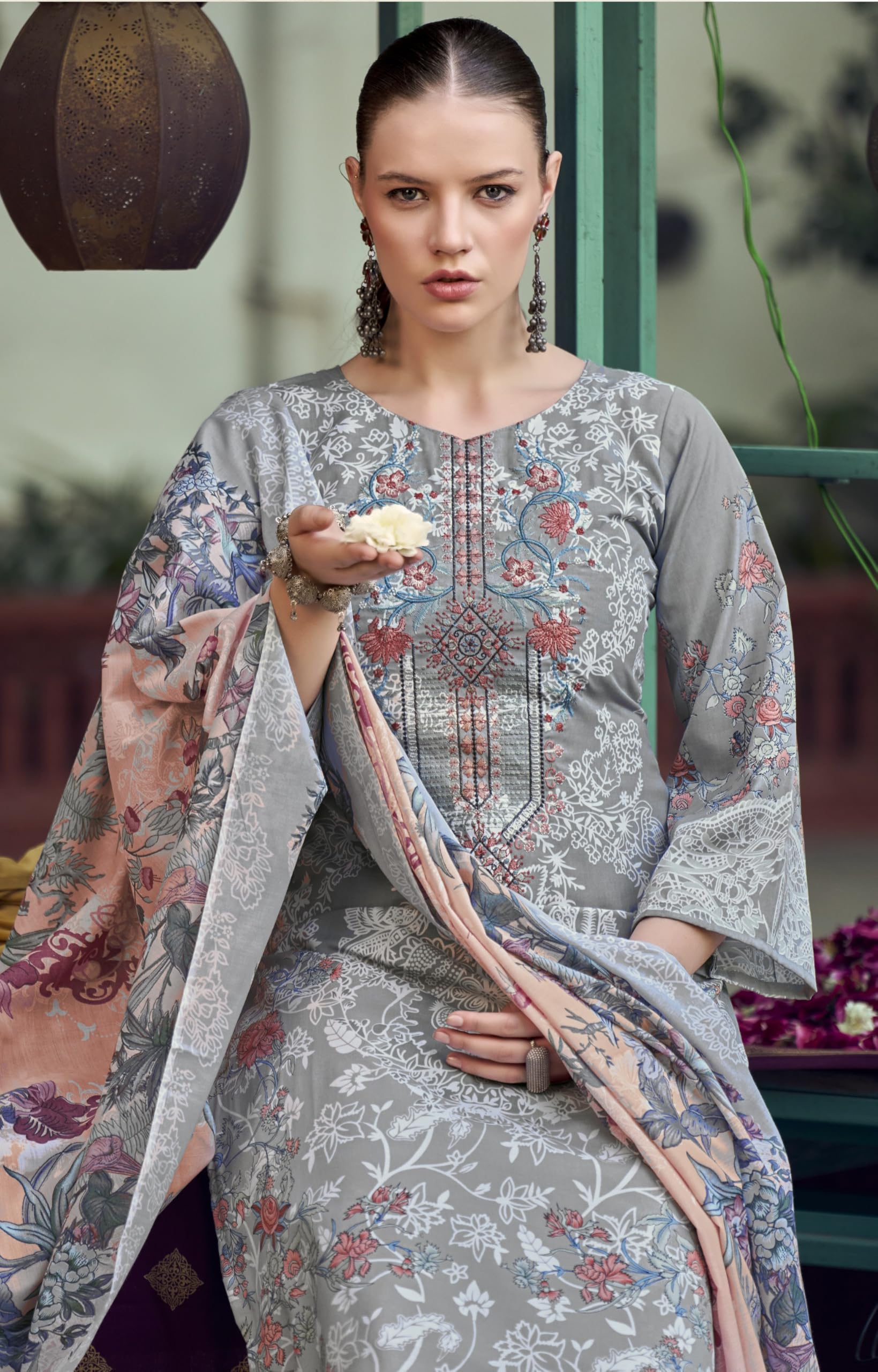 DRAVINAM Trends Women's Unstitched Premium Cotton Suit Material - Soft Cotton Digital Printed Embroidered Kameez II Unstitch Bottoms II Cotton Malmal Printed Dupatta