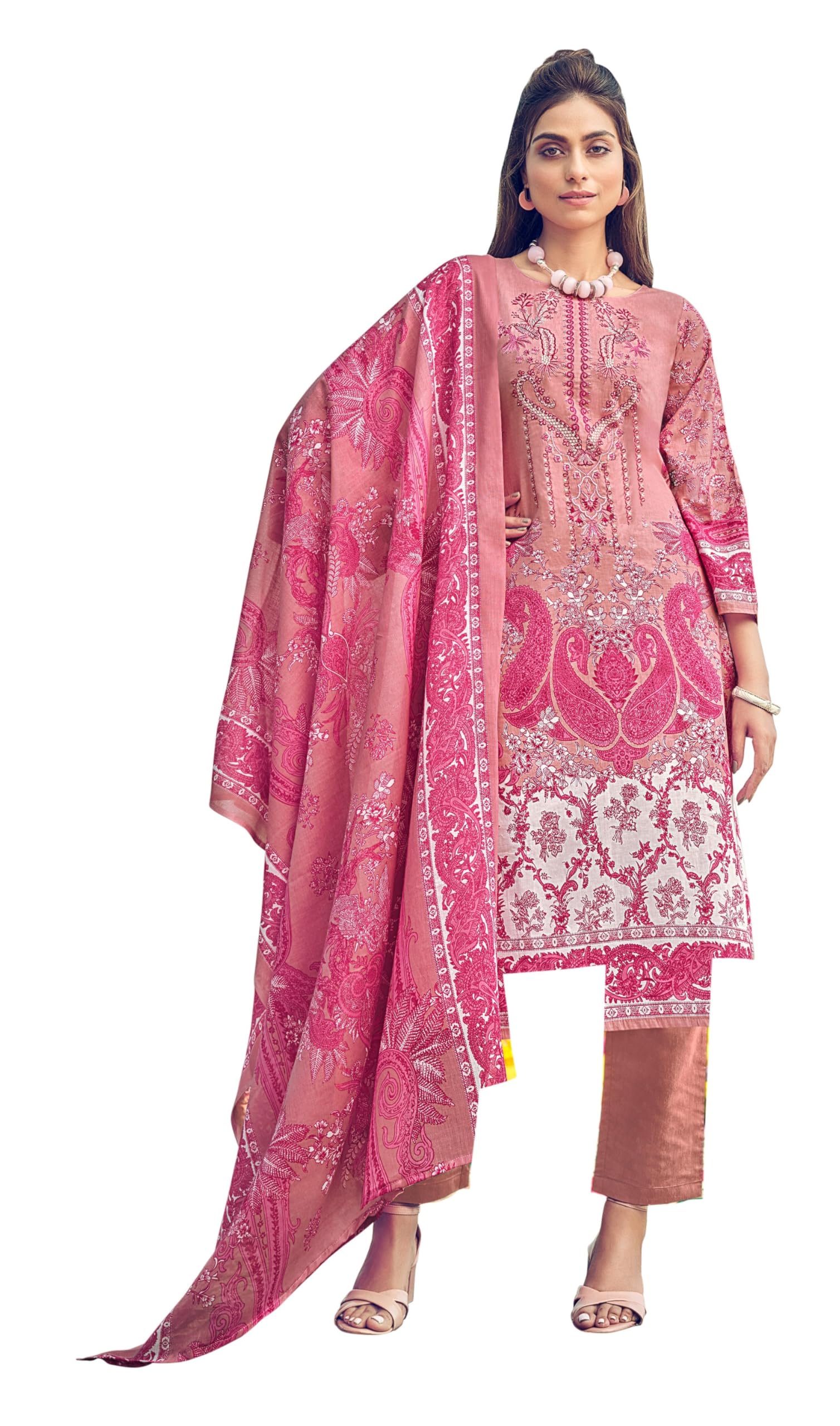 DRAVINAM Trends Women's Unstitched Premium Cotton Suit Material - Soft Digital Printed Embroidered Kameez II Matching Bottoms II Malmal Printed Dupatta