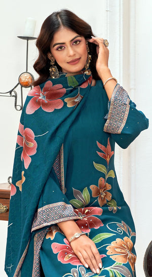 DRAVINAM Trends Complete Unstitch Pashmina Suit Set: Pure Viscose Pashmina Foil Print Top with Fancy Embroidery (2.5 m) II Solid Bottoms (2.8 m) II Digital Print Shawl Dupatta (2.25 m)