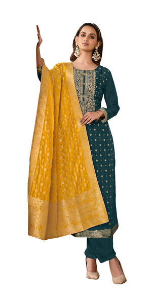 DRAVINAM Trends Women's Coral Silk Weaving Jacquard Unstitched Pakistani Salwar Suit Dress Material with Pure Coral Silk Weaving Jacquard Dupatta (Blue)
