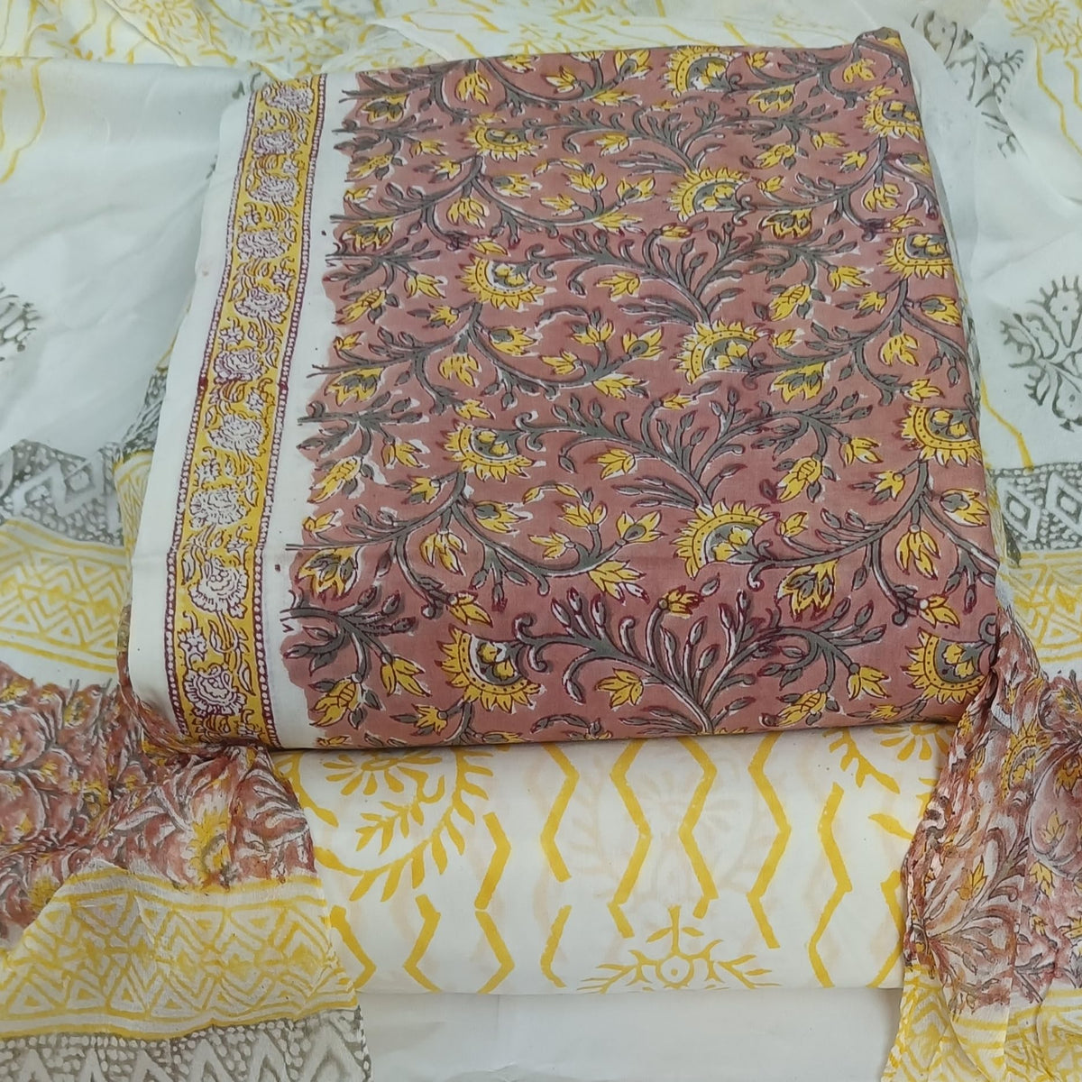 DRAVINAM Trends Hand Block Print Cambric Cotton Unstitched Salwar Suit Set for Women with Pure Chiffon Hand Printed Dupatta