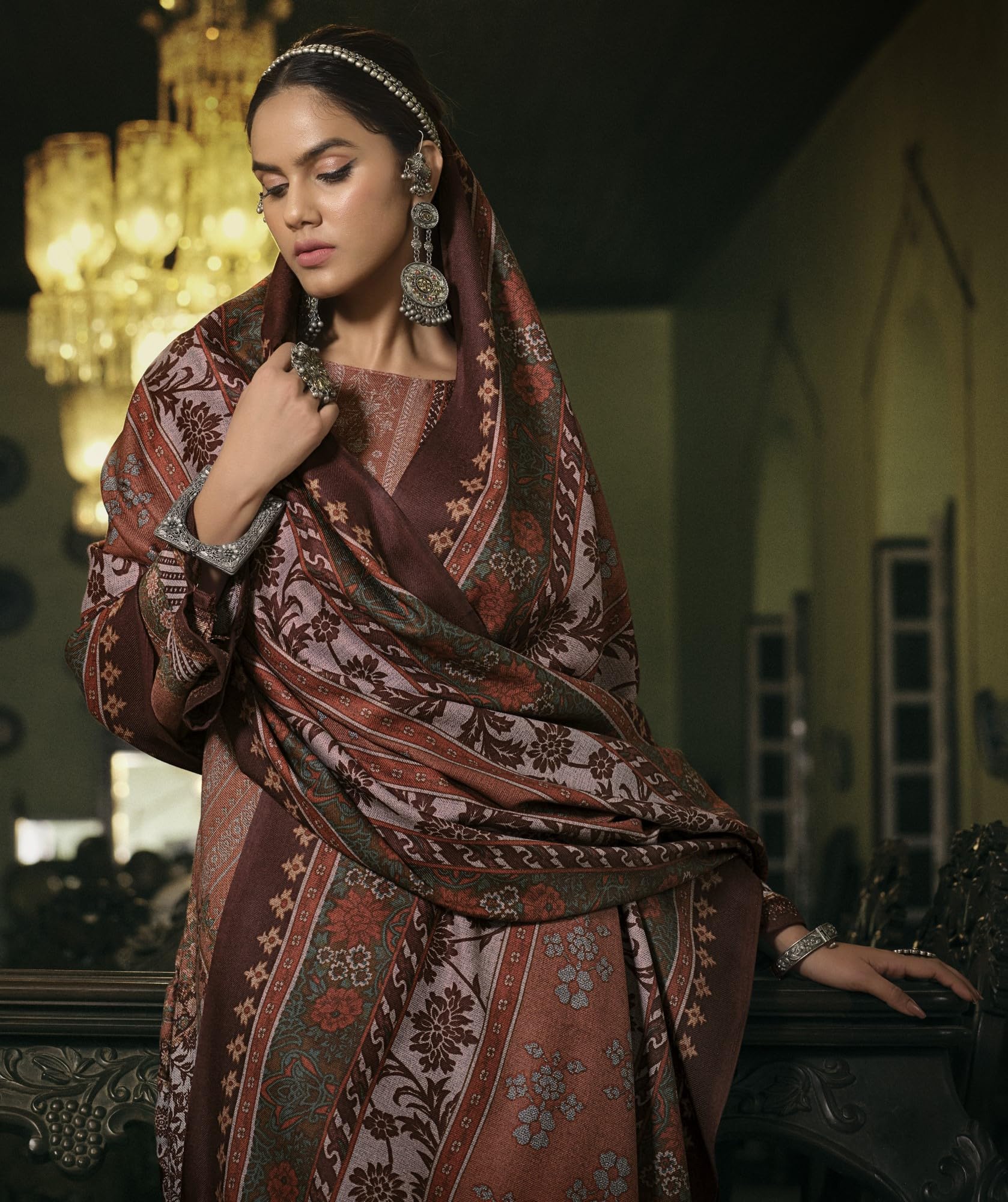 DRAVINAM Trends Women's Pure Winter Alpine Woollen Pashmina Pakistani Print Unstitched Salwar Suit Dress Material with Printed Woollen Shawl