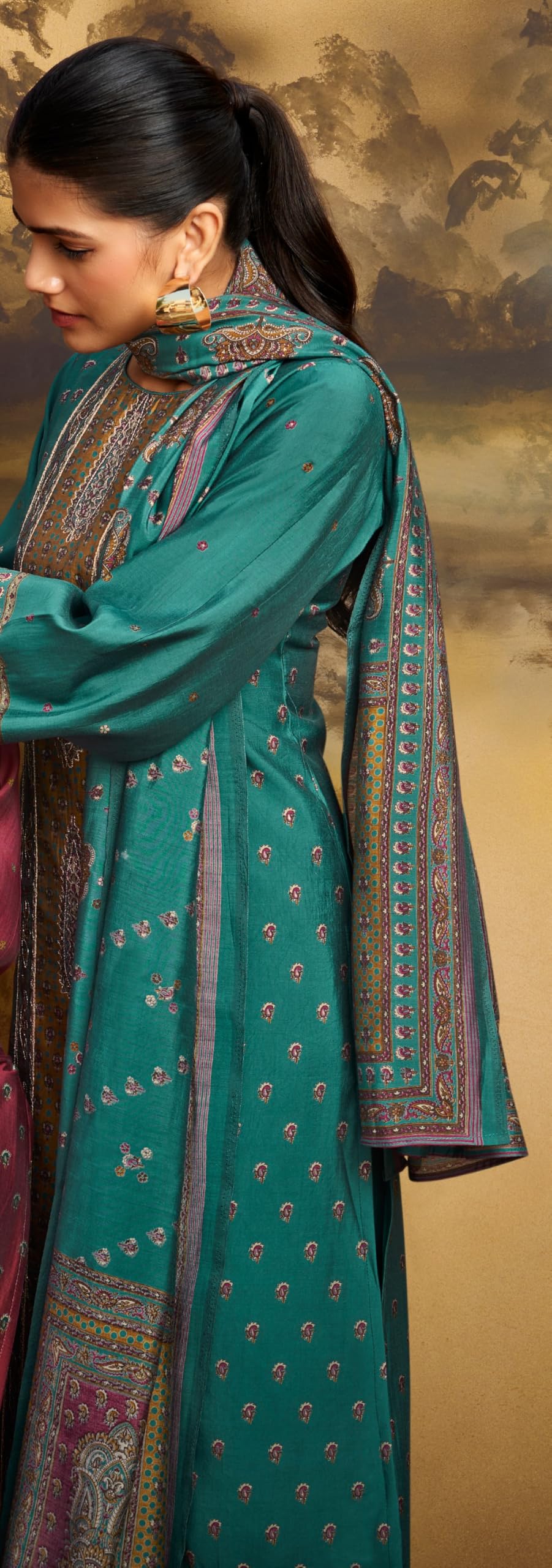 DRAVINAM Trends Women's Unstitched Maslin Suit Material - Embroidered Digital Printed Foil Masline Top II Masline Bottoms II Maslin Digital Dupatta