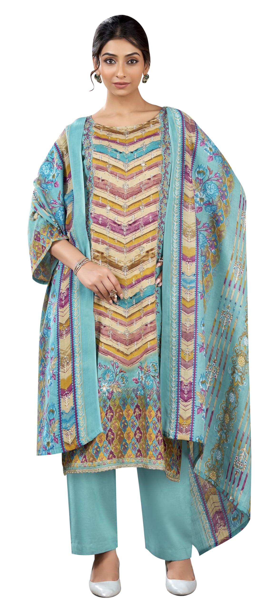 DRAVINAM Trends Women’s Ethnic Suit (Stitched, 3-Piece Set)– Heavy Viscose Rayon Designer Kurta with Heavy Handwork (2.5 m), Cotton Mal Mal Printed Dupatta (2.3 m), Bottom (3 m) (GOLDENROD, XL)