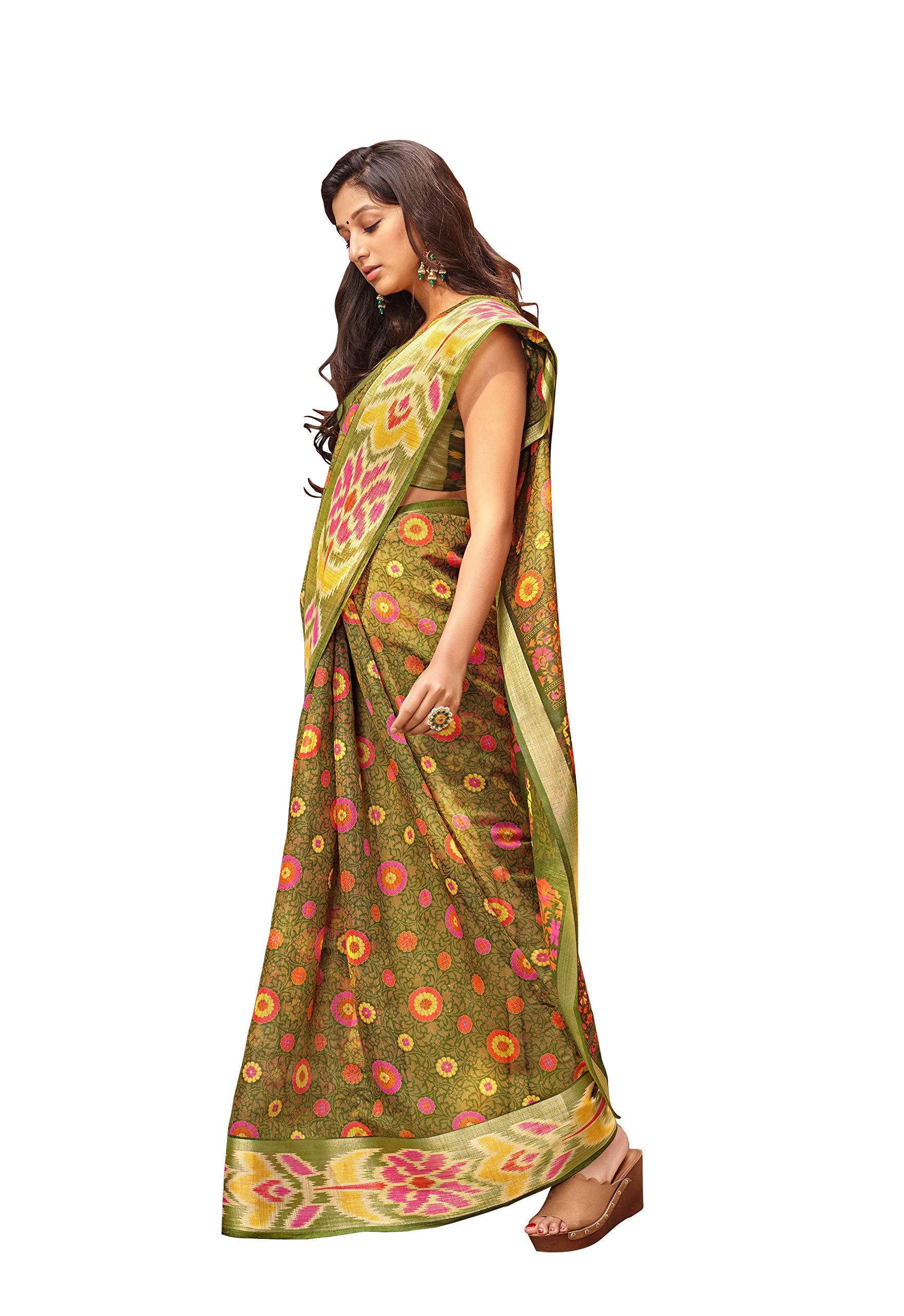 DRAVINAM Trends Women's Soft Linen Cotton Handloom Art Print Woven Bordered Saree with Unstitched Blouse Piece (Green)