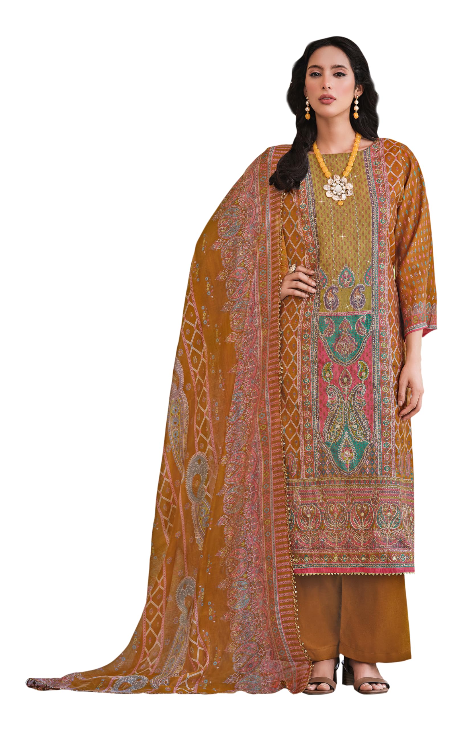 DRAVINAM Trends Kurti 2.50 mtrs, PURE VISCOSE RAYON (3 mtrs apx), PURE MODAL VISCOSE Maslin Dupatta Digital|Cream
