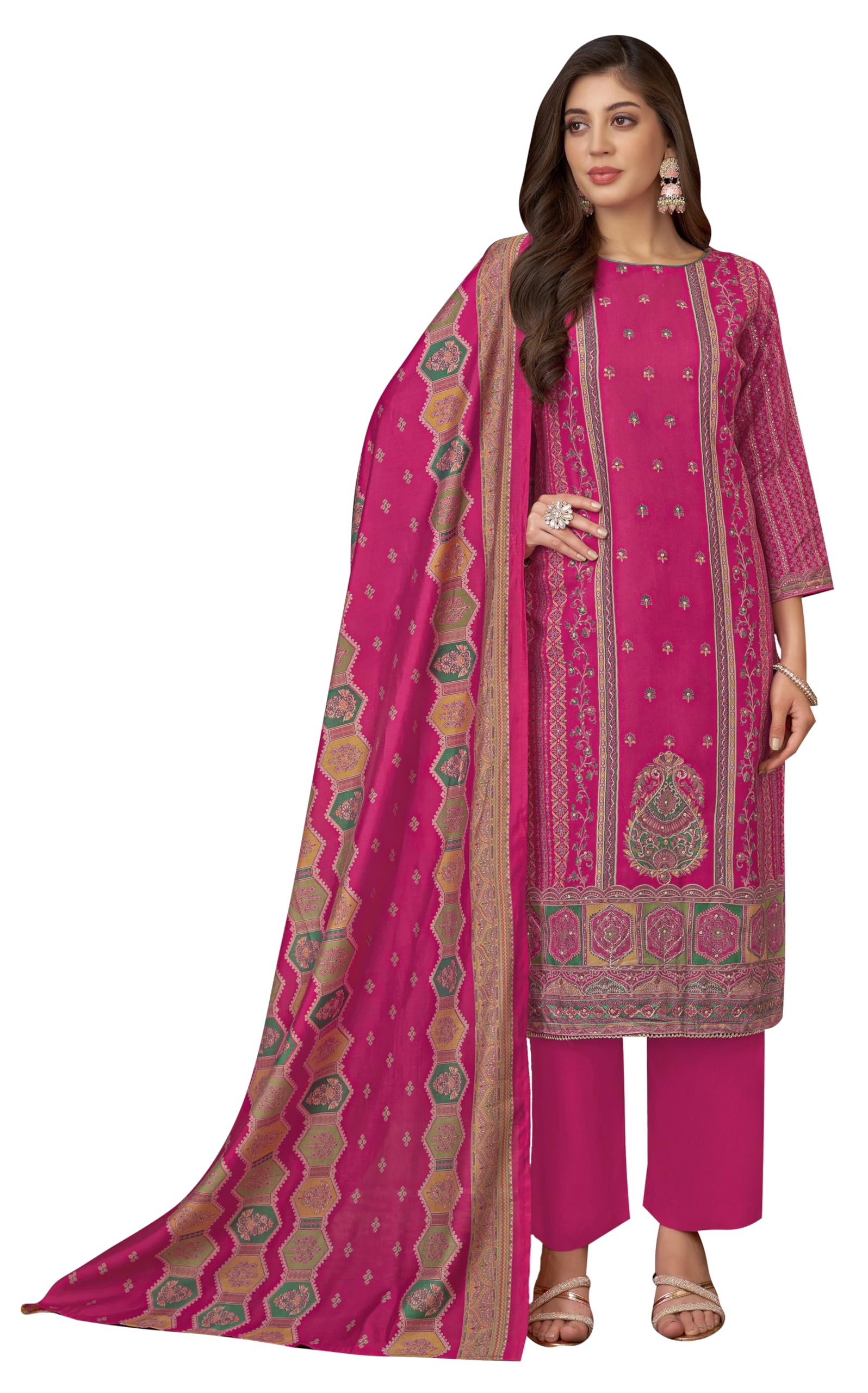 DRAVINAM Trends Kurti 2.50 mtrs,Pure Viscose Reyon Solid (2.7 m),Pure Viscose Silk Designer Print Dupatta (2.25 m)|Pink