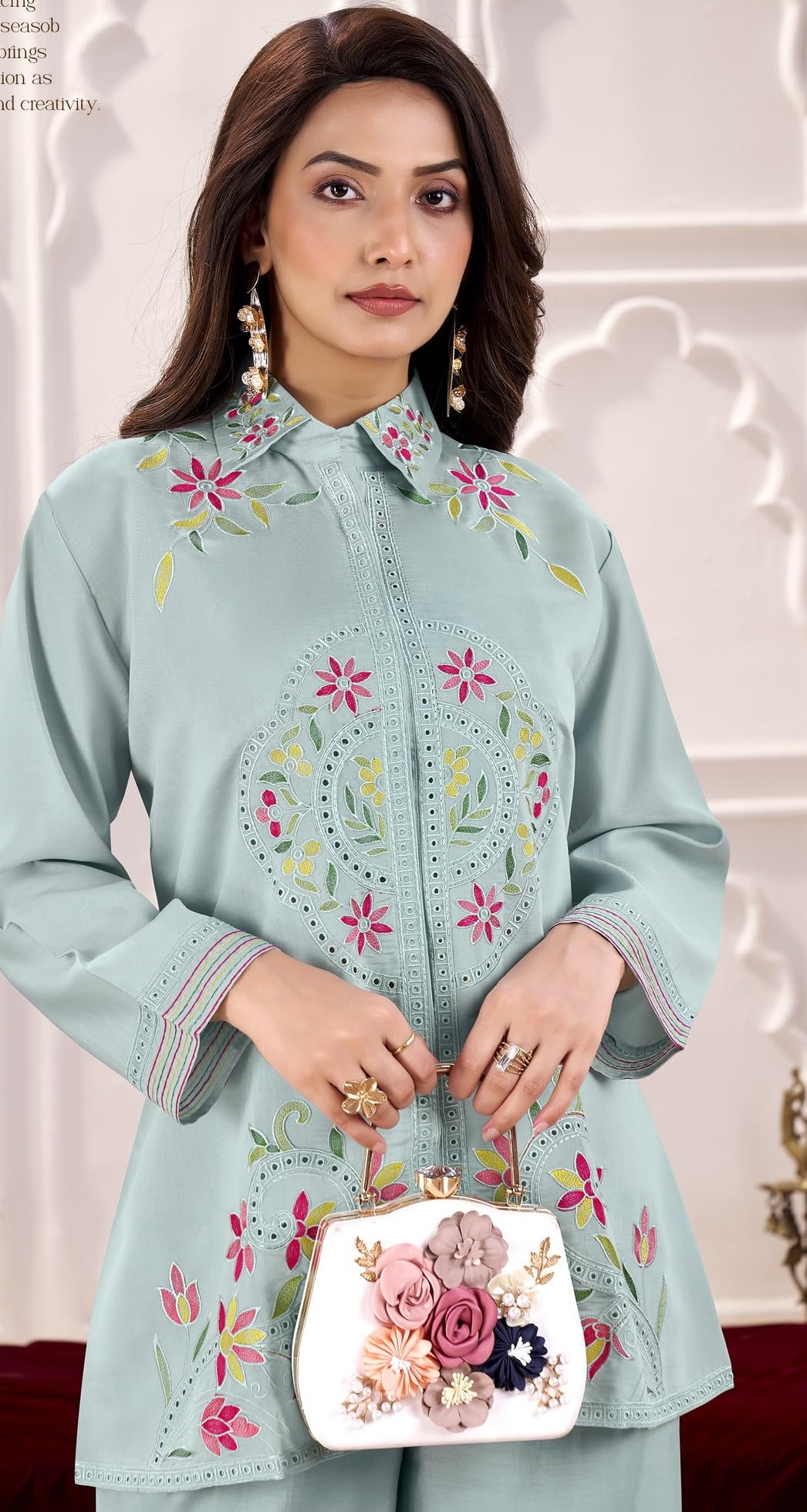DRAVINAM Trends Women's Stitched Embroidered Pure Roman Silk Co-ord Set II Embroidered Collar Neck Shirt Style Silk Top II Solid Pants (L / 40)