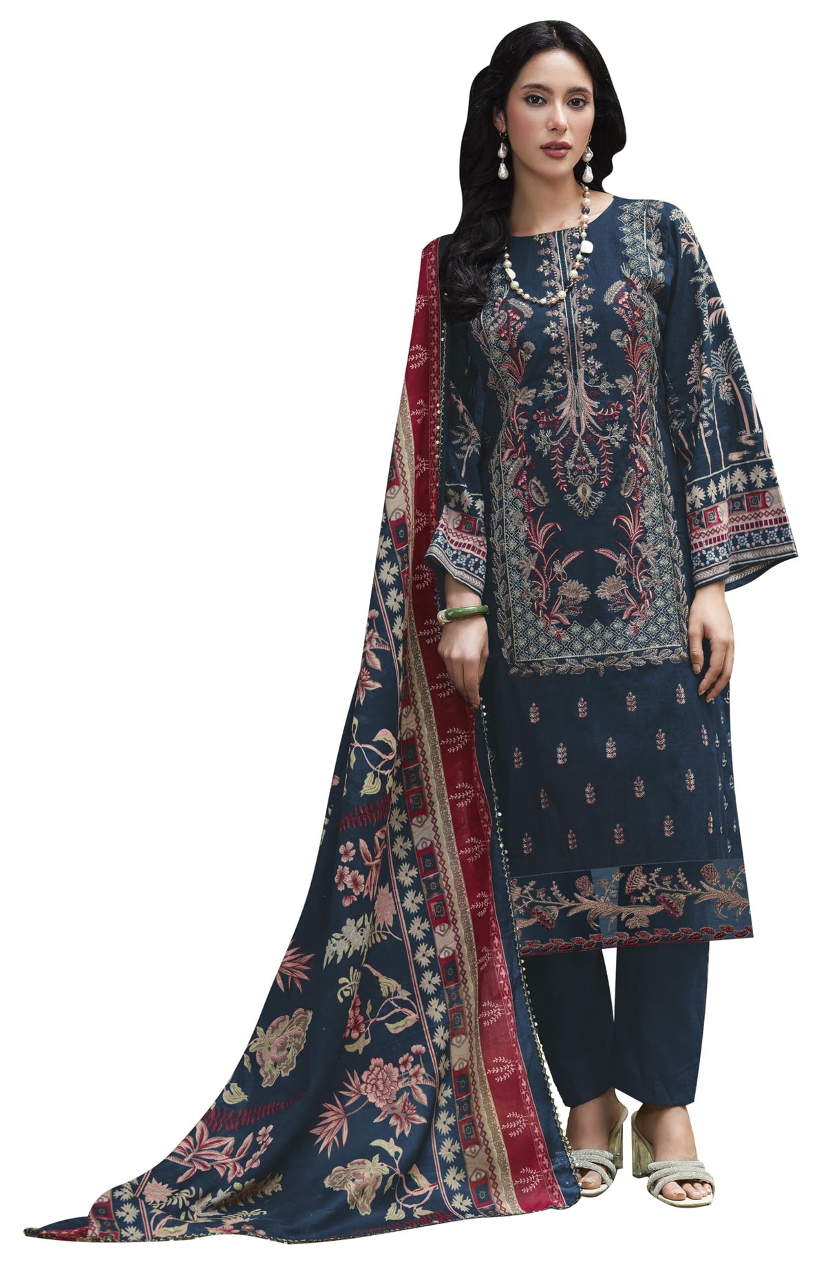 DRAVINAM Trends Women's Unstitched Cotton Salwar Suit Dress Material - Pure Cotton Heavy Embroidered Kameez II Unstitch Bottoms II Mal Mal Dupatta
