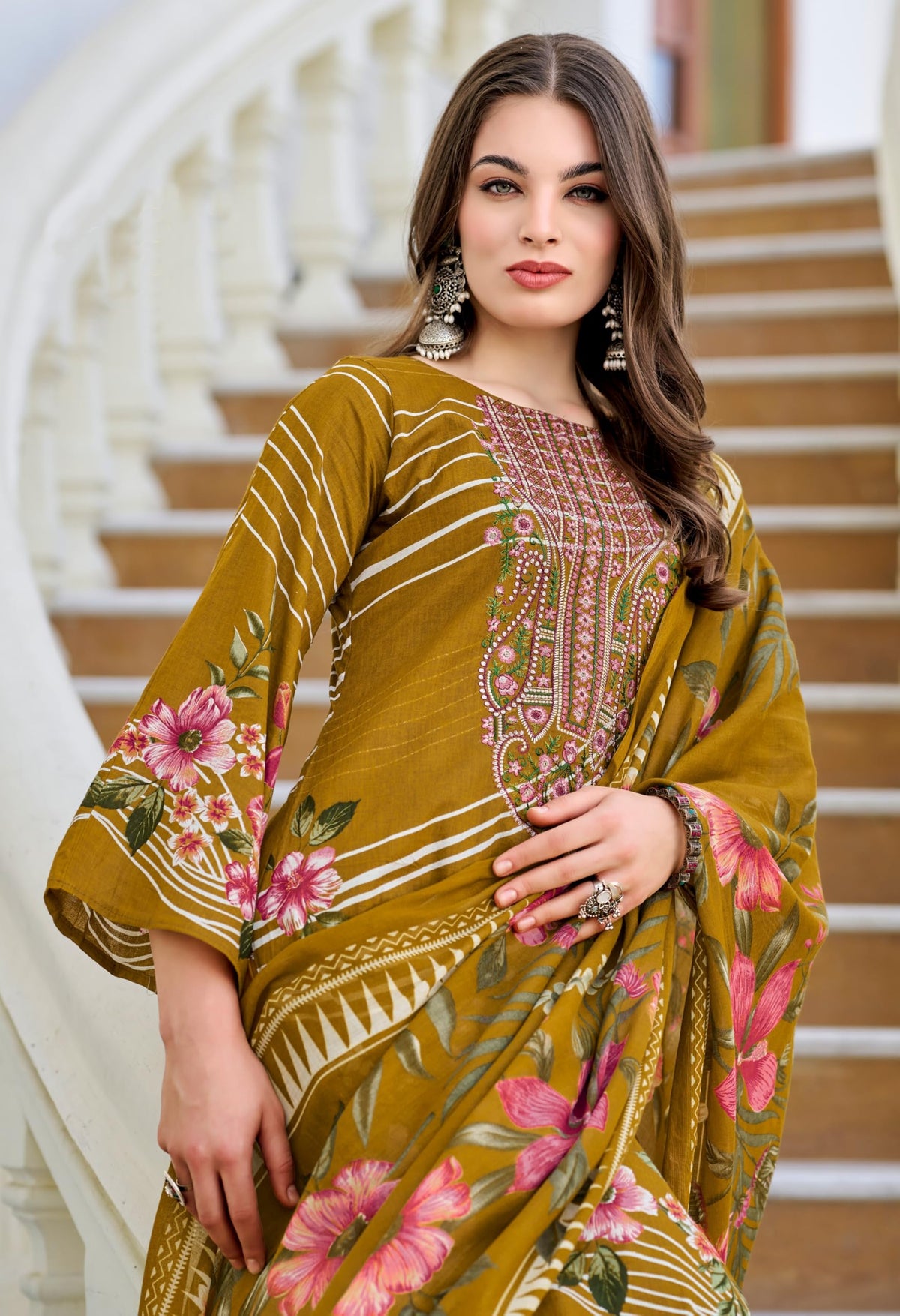 DRAVINAM Trends Women's Unstitched Salwar Suit Dress Material - Cotton Digital Printed Organza Embroidered Kameez II Unstitch Bottoms II Cotton Dupatta