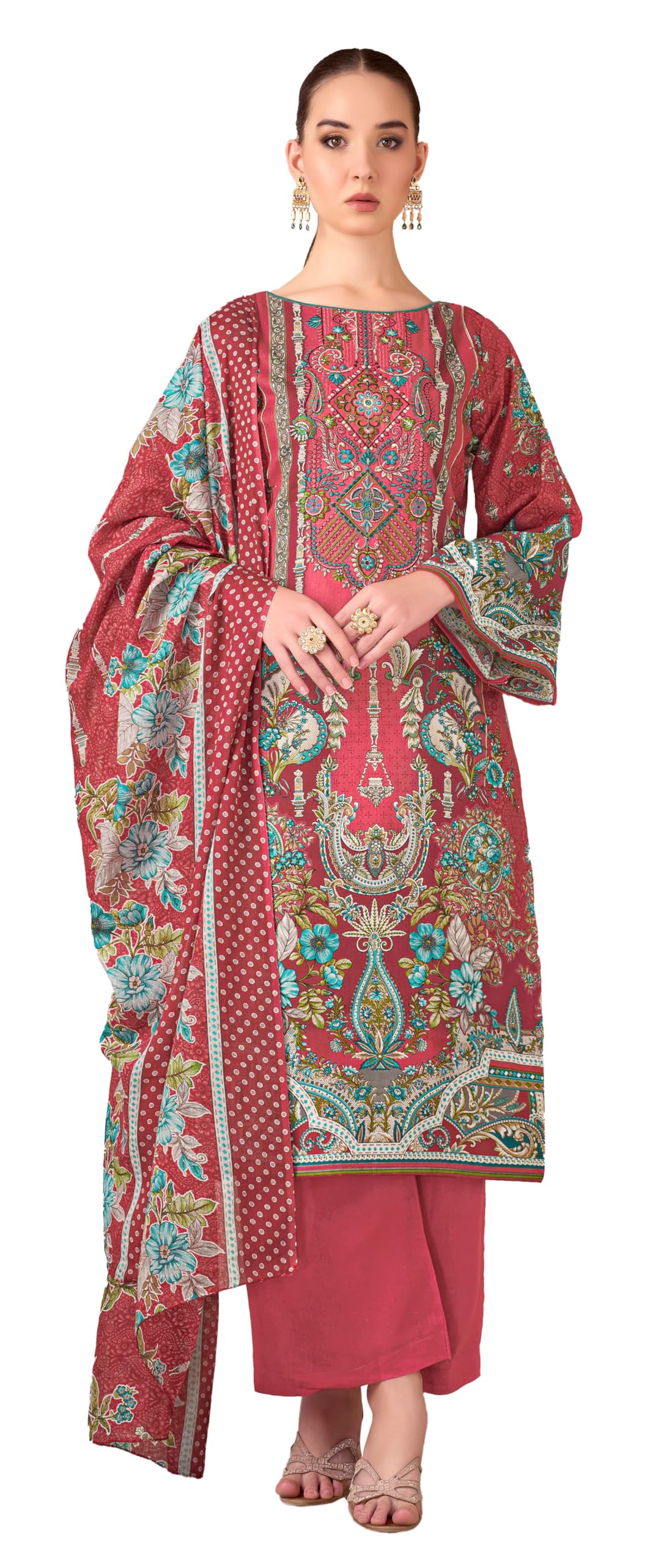 DRAVINAM Trends Unstitched Pakistani Embroidered Pure Cambric Cotton Salwar Suit Dress Materials with Cotton Dupatta