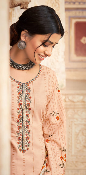 DRAVINAM Trends Women's Printed Embroidered Unstitched Pure Cotton Salwar Suit Material with Pure Nazneen Chiffon Chunni (Grey)