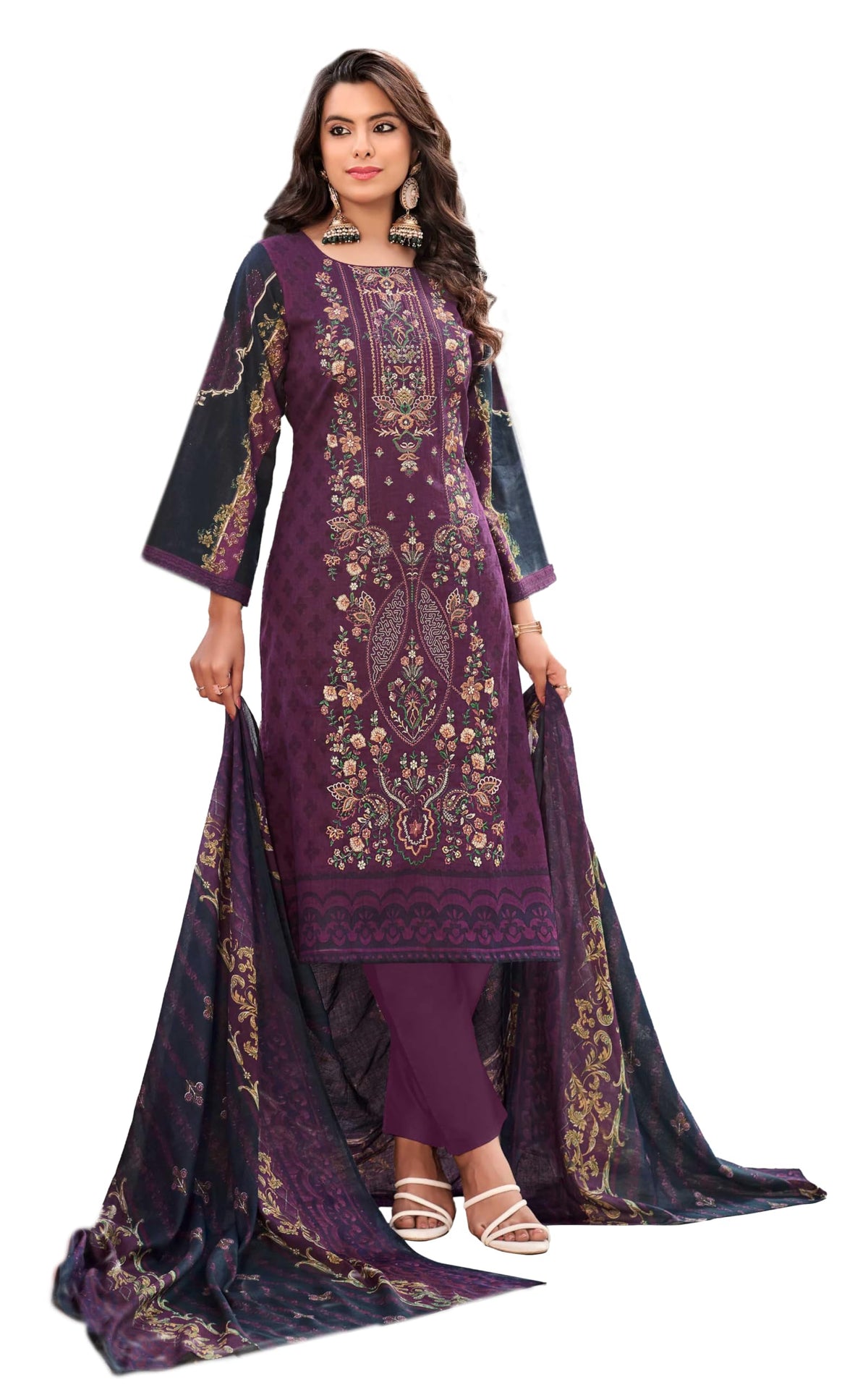 DRAVINAM Trends Women's Pure Lawn Cotton Pakistani Embroidered Suit Dress Material with Unstitched Bottoms and Cotton Dupatta