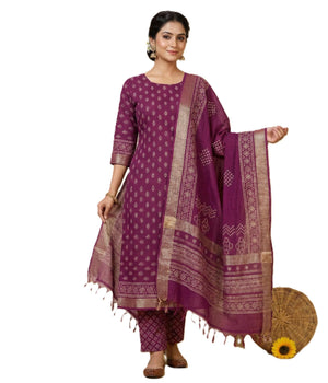 Women's Elegant Red Maheshwari Block Botanical Printed Unstitched Salwar Suit Dress Material with cotton Bottom & Zari Border Dupatta