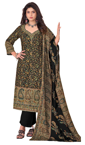 DRAVINAM Trends Women's Unstitched Winter Wear Kashmiri Kani Printed Swaroski Work Heavy Woolen Pashmina Salwar Suit Dress Material with Printed Shawl Dupatta